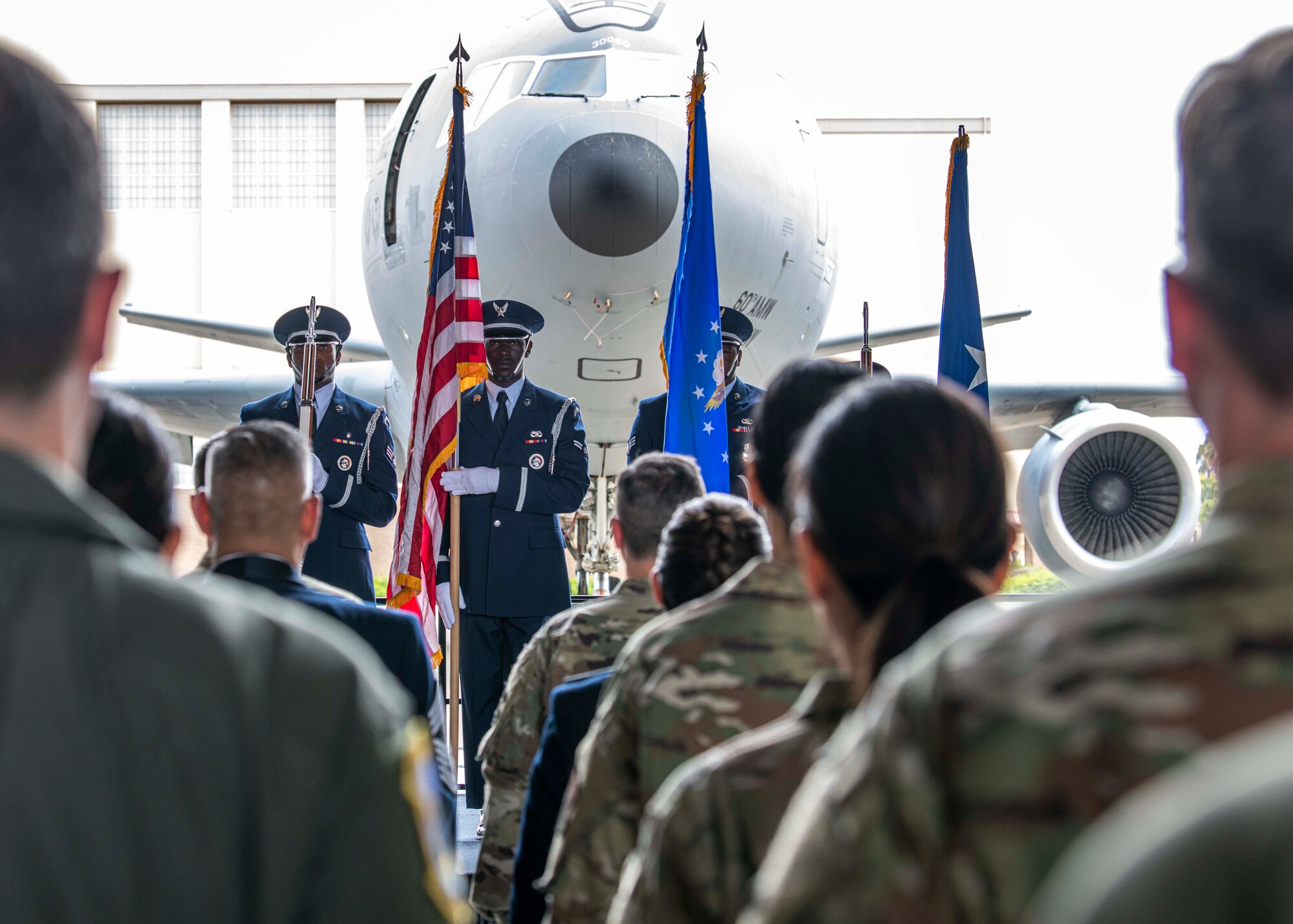 Reserve honor guardsmen post colors for Col. Jacqueline Marty’s retirement ceremony at Travis AFB, Calif., June 4, 2022. Col. Jacquelyn Marty, 349th Air Mobility Wing vice commander, retired June 4, 2022 after a career spanning over three decades of service. Her flying career began in 1994 at Travis Air Force Base, and came full circle as a senior leader for more than 2,600 Reserve Citizen Airmen for the past two years. (U.S. Air Force photo by Master Sgt. Jose B. Aquilizan)