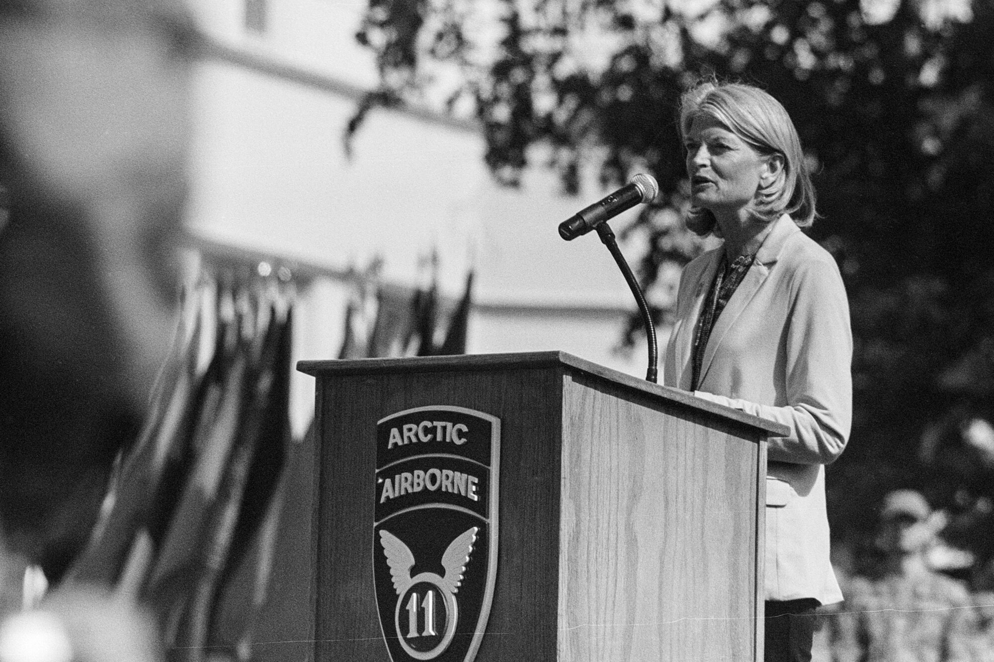 U.S. Senator Lisa Murkowski speaks at a podium