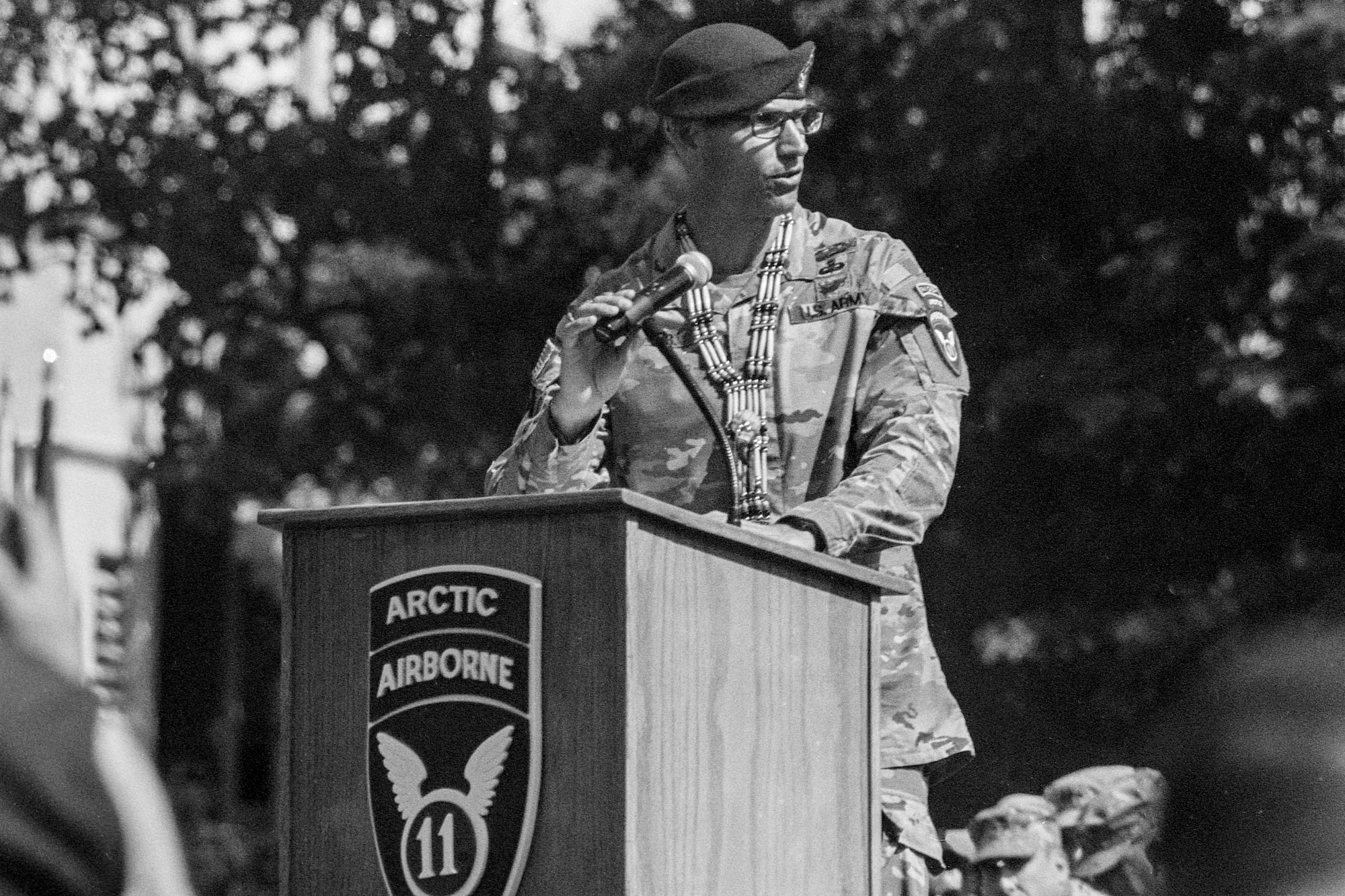 U.S. Army Major General Brian Eifler speaks at a podium