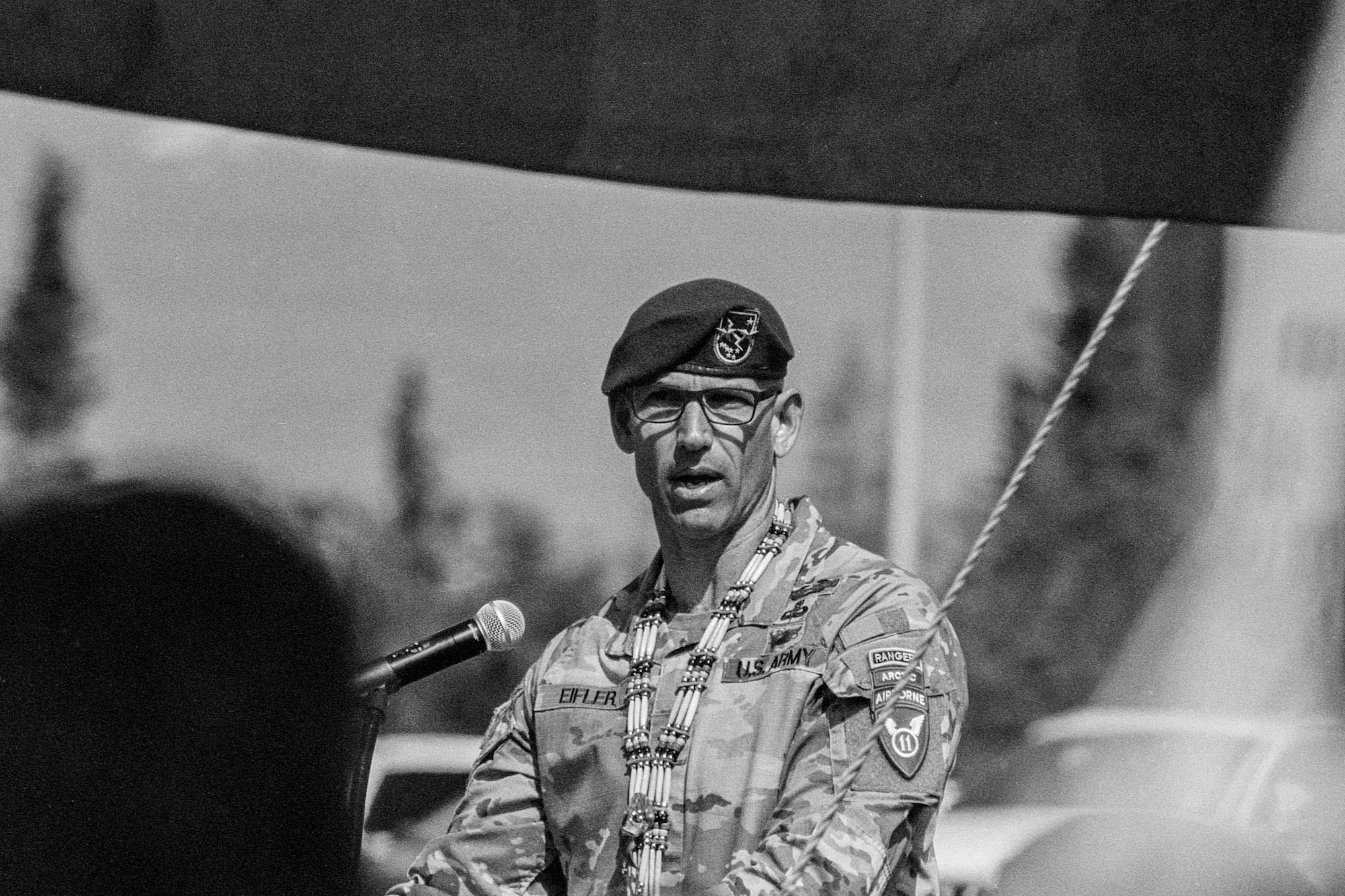 U.S. Army Major General Brian Eifler speaks to a crowd during a ceremony