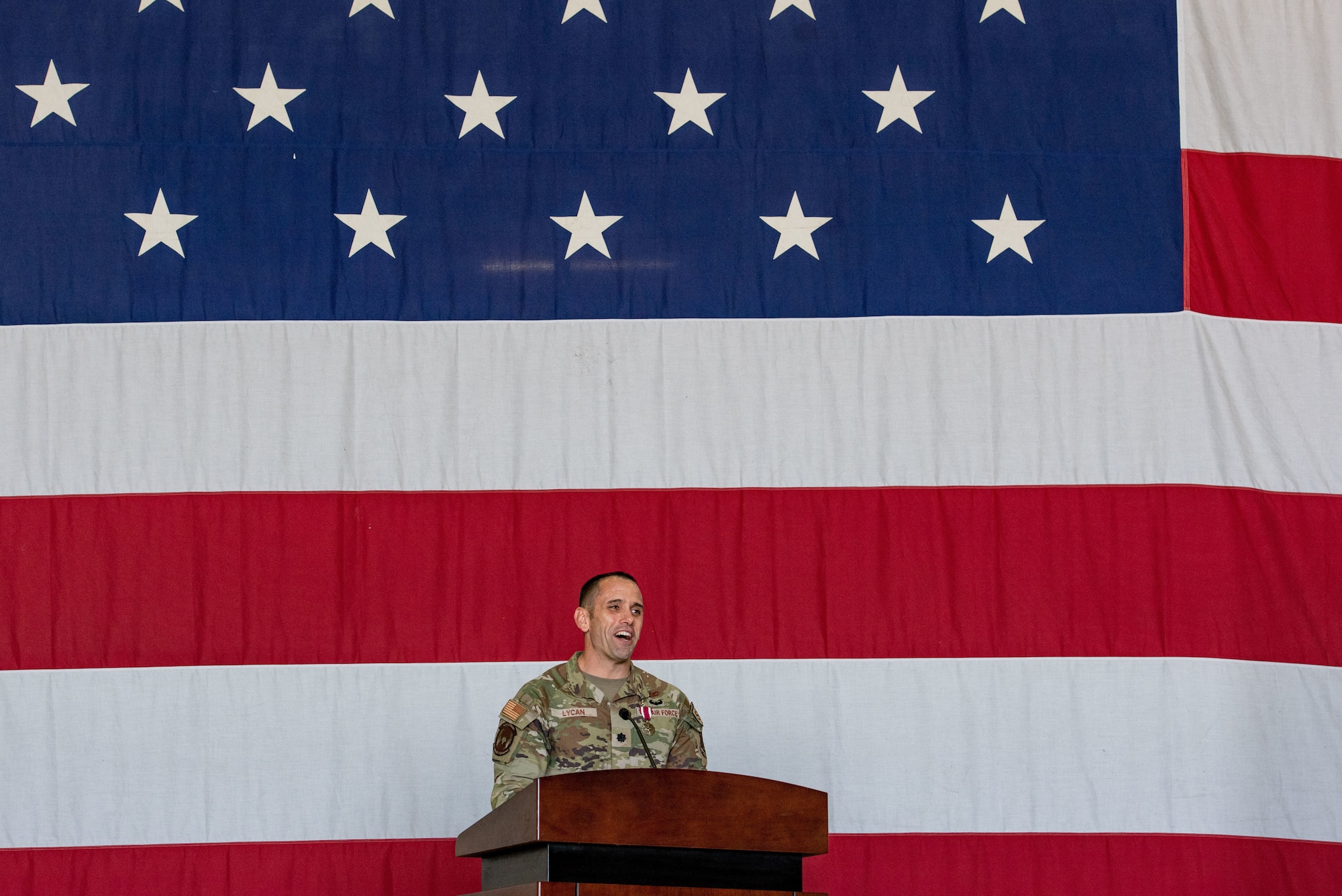 Lt. Col. David Lycan, 51st Security Forces Squadron outgoing commander, delivers a farewell speech