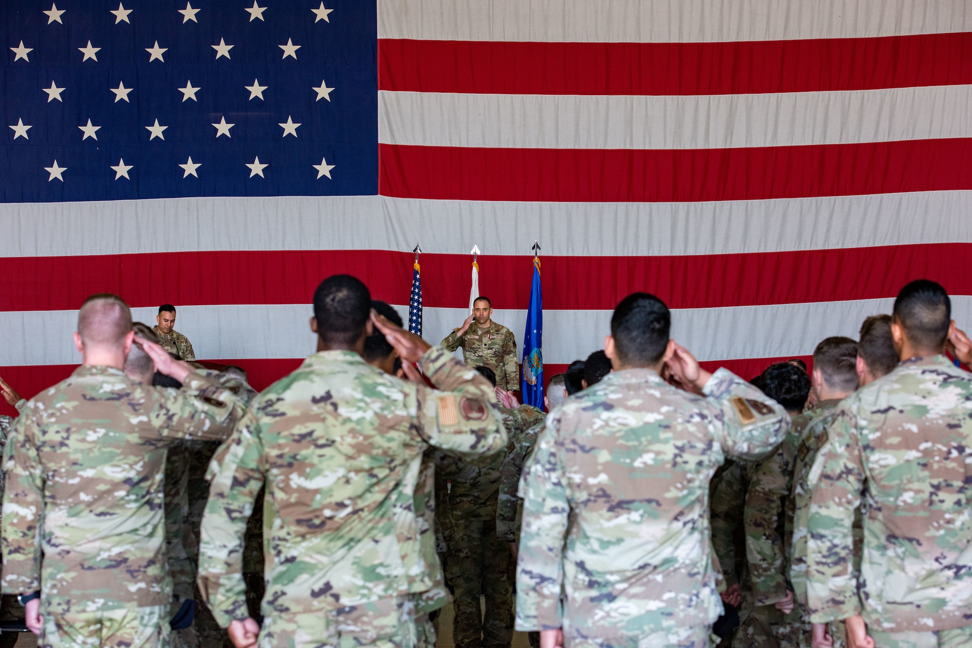 Lt. Col. David Lycan, 51st Security Forces Squadron outgoing commander, renders a final salute as the squadron commander