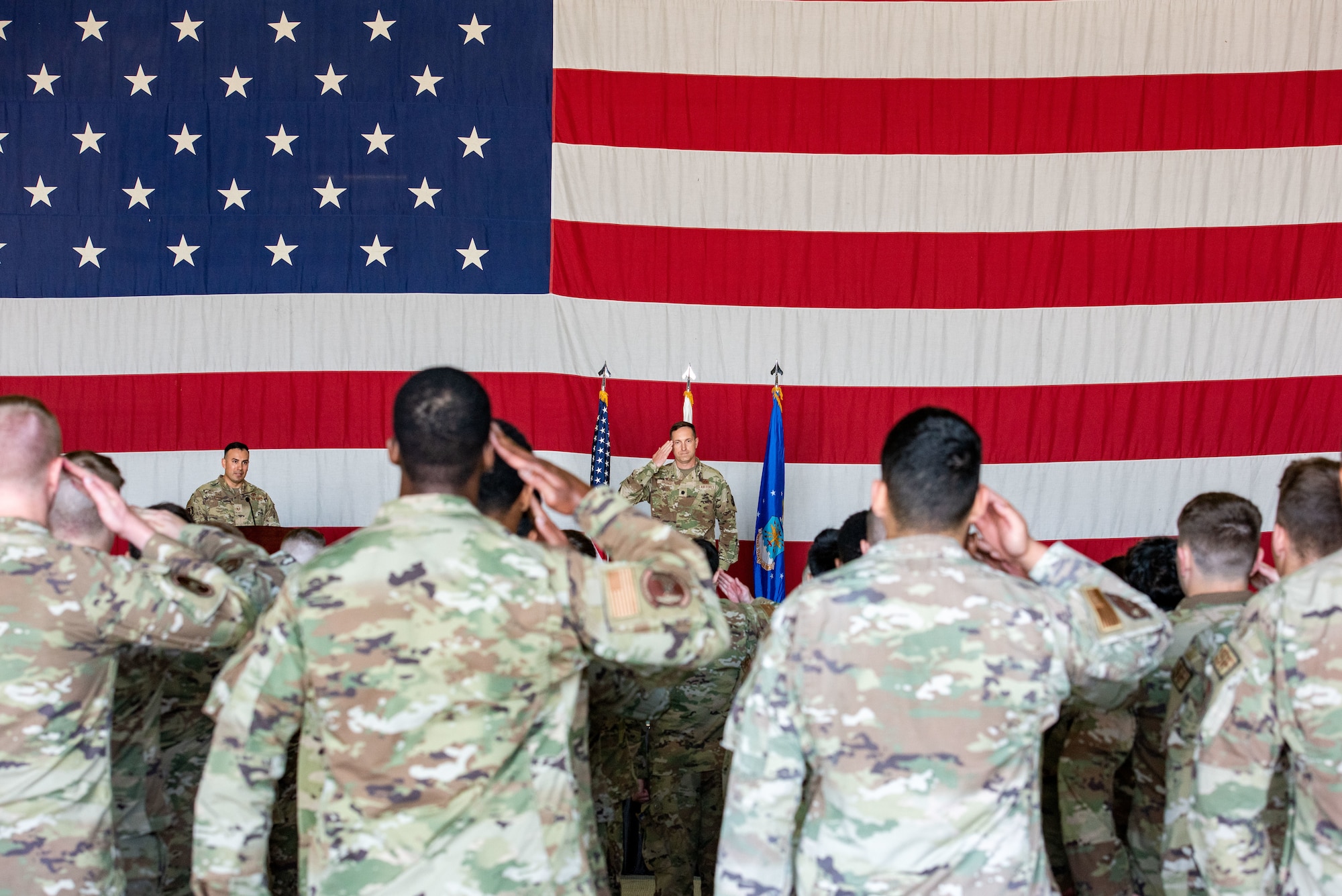 Lt. Col. Nicholas Brence renders his first salute as the new commander of the 51st Security Forces Squadron