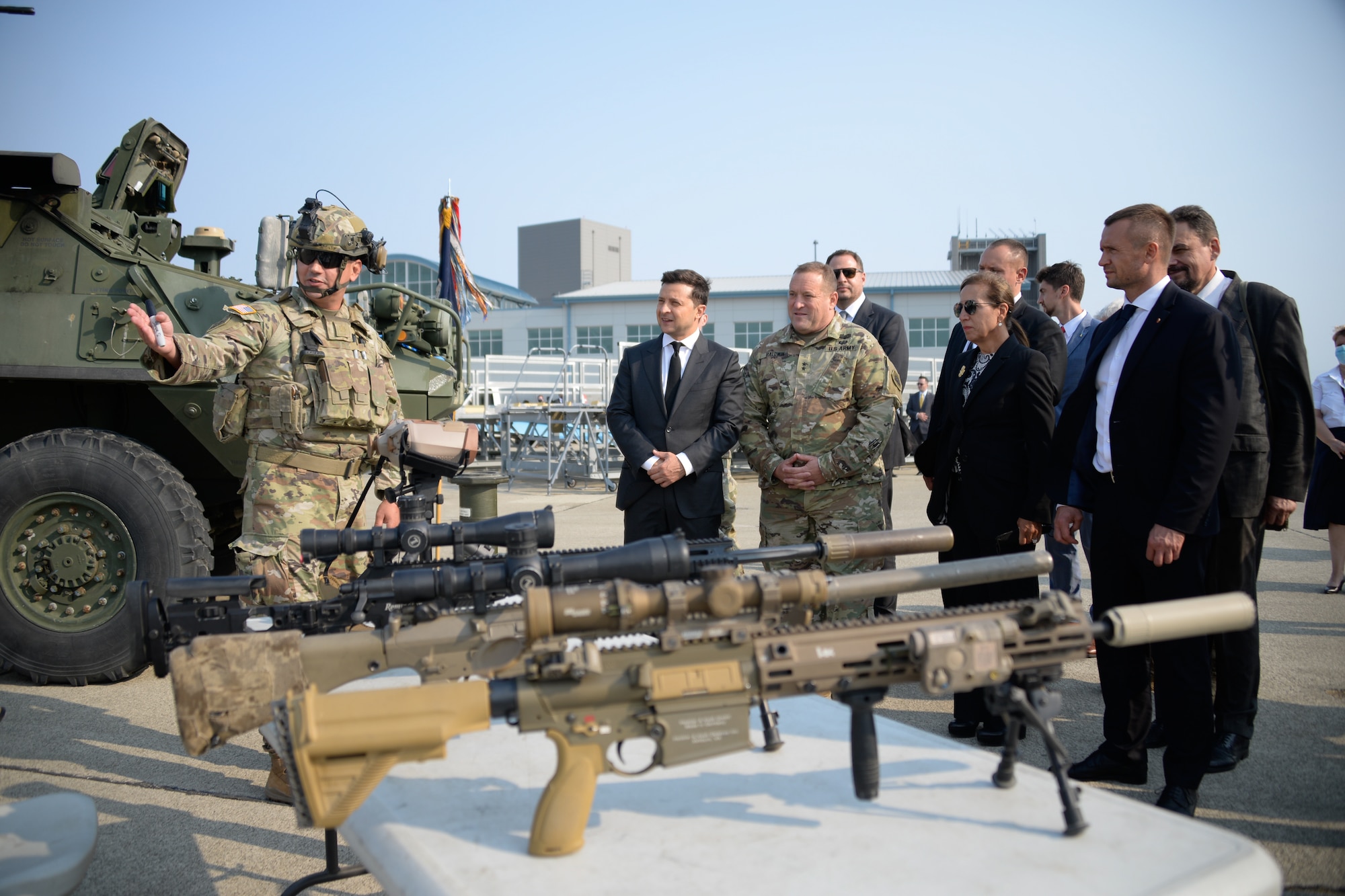 Volodymyr Zelenskyy, president of Ukraine, U.S. Army Maj. Gen. David Baldwin, adjutant general of the California National Guard, and California Lt. Gov. Eleni Kounalakis watch a demonstration of tactical equipment during a visit to the California Air National Guard’s 129th Rescue Wing at Moffett Air National Guard Base, California, Sept. 2, 2021. The California National Guard and Ukraine have been partners under the Department of Defense National Guard Bureau State Partnership Program since 1993.