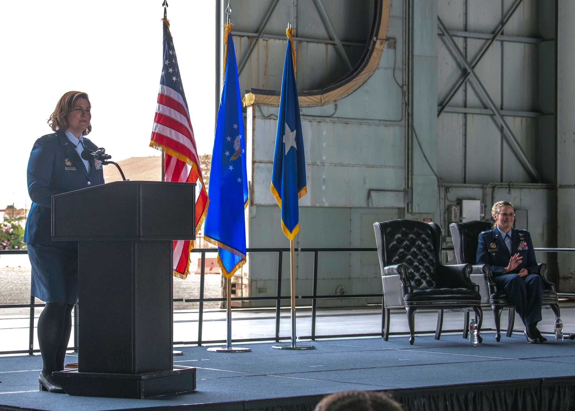 Brig. Gen. Michele Kilgore, military deputy director, USAF HAF, Pentagon, Washington, D.C., delivers remarks at the retirement ceremony for Col. Jacquelyn Marty, 349th Air Mobility Wing vice commander, on June 4, 2022 at Travis AFB, Calif. Marty is retiring after a career spanning over three decades of service. Her flying career began in 1994 at Travis Air Force Base, and came full circle as a senior leader for more than 2,600 Reserve Citizen Airmen for the past two years. (U.S. Air Force photo by Master Sgt. Jose B. Aquilizan)