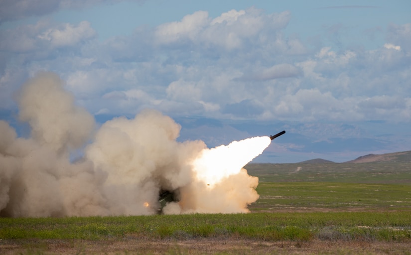 A High Mobility Artillery Rocket System engages its target during a qualification event during Western Strike 22 at Orchard Combat Training Center, Idaho, June 6, 2022.
