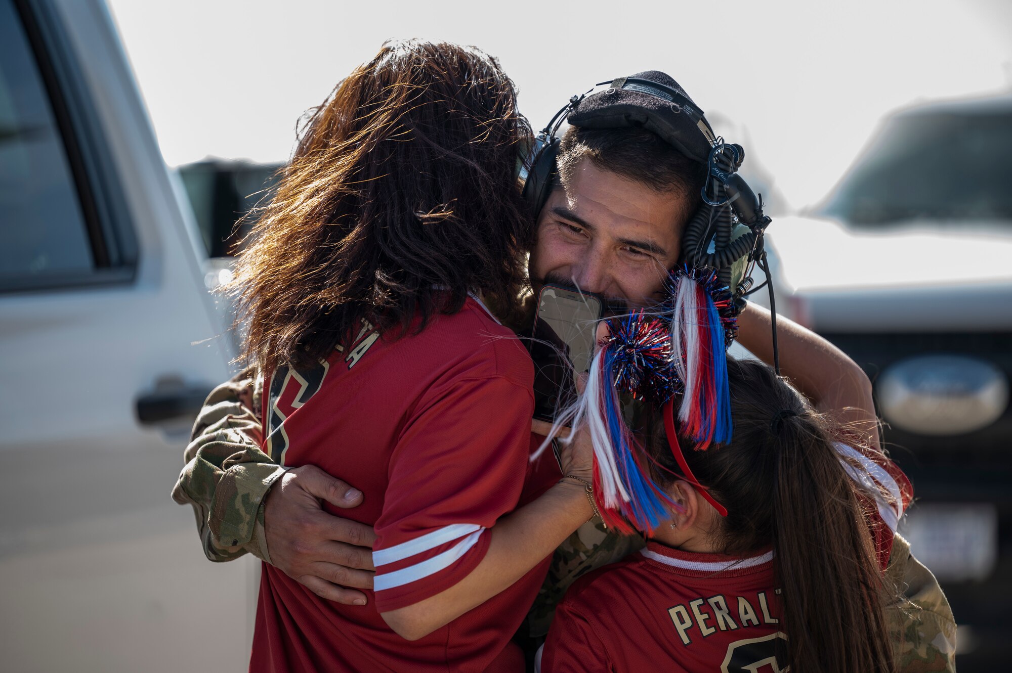 A photo of families reuniting.