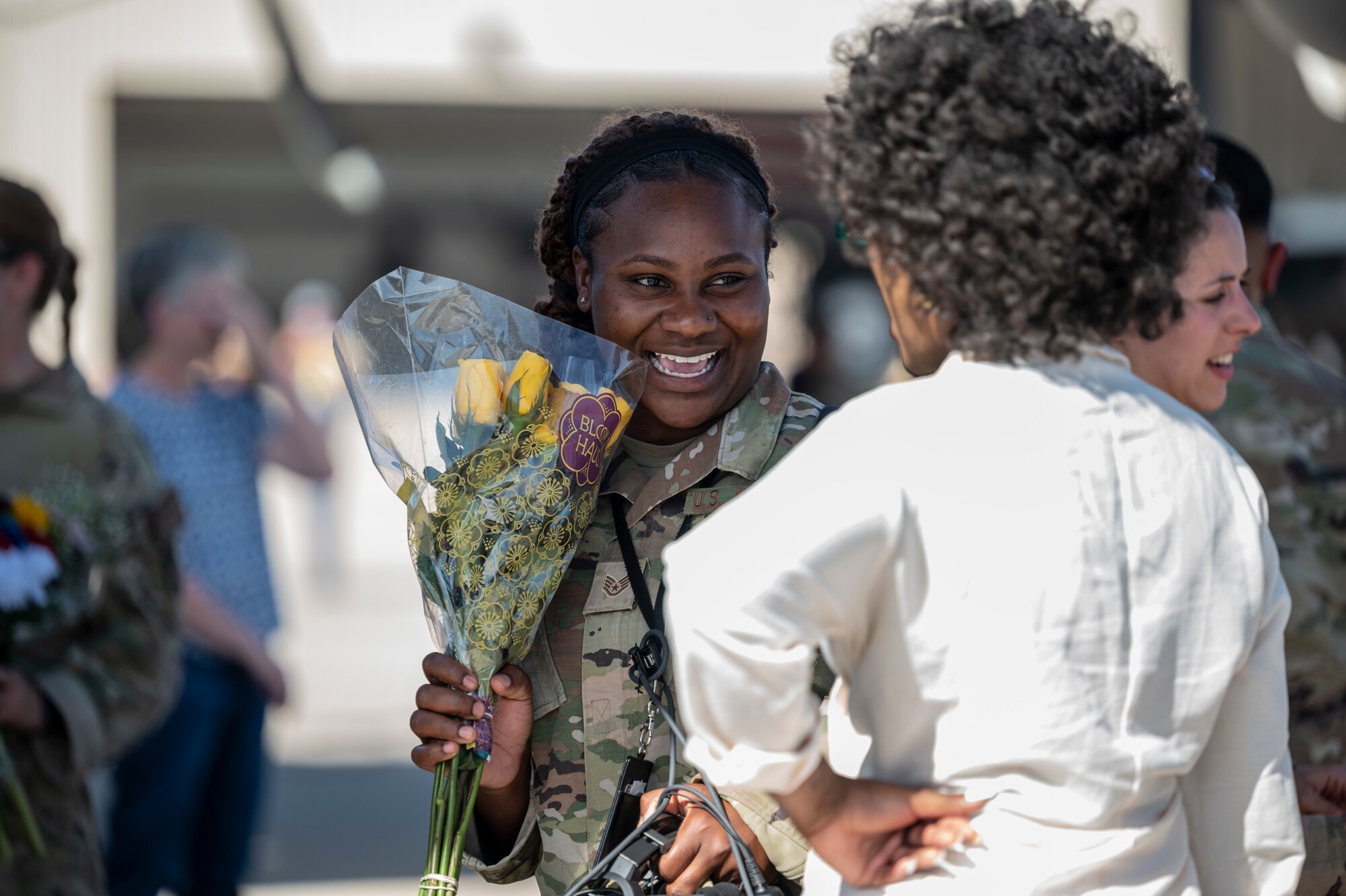 A photo of families reuniting.