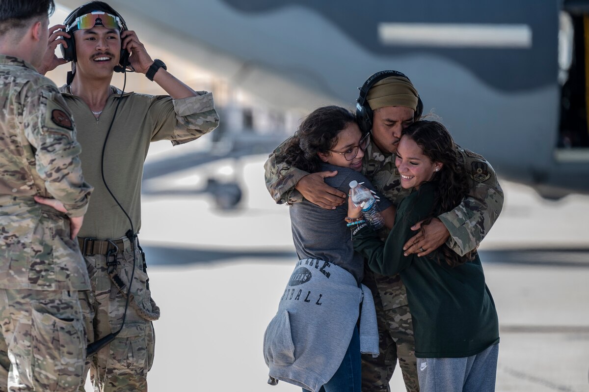 A photo of families reuniting.