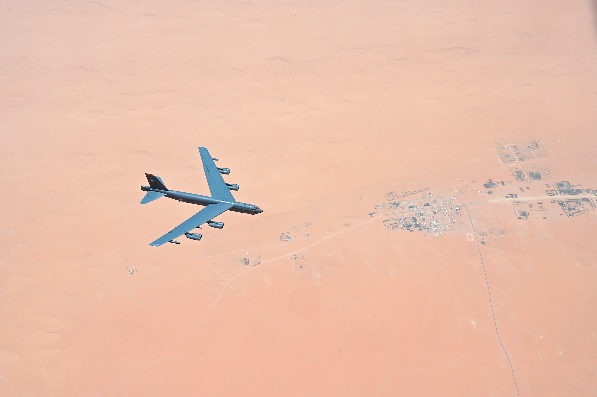 U.S. Air Force B-52 Stratofortress, assigned to the 5th Bomb Wing conducts a presence patrol mission with coalition and regional partners across the U.S. Central Command area of responsibility June 8, 2022. Presence patrol missions demonstrate the U.S.-led coalition’s commitment to promoting reginal stability. (U.S. Air Force photo by Staff Sgt. Ashley Sokolov)