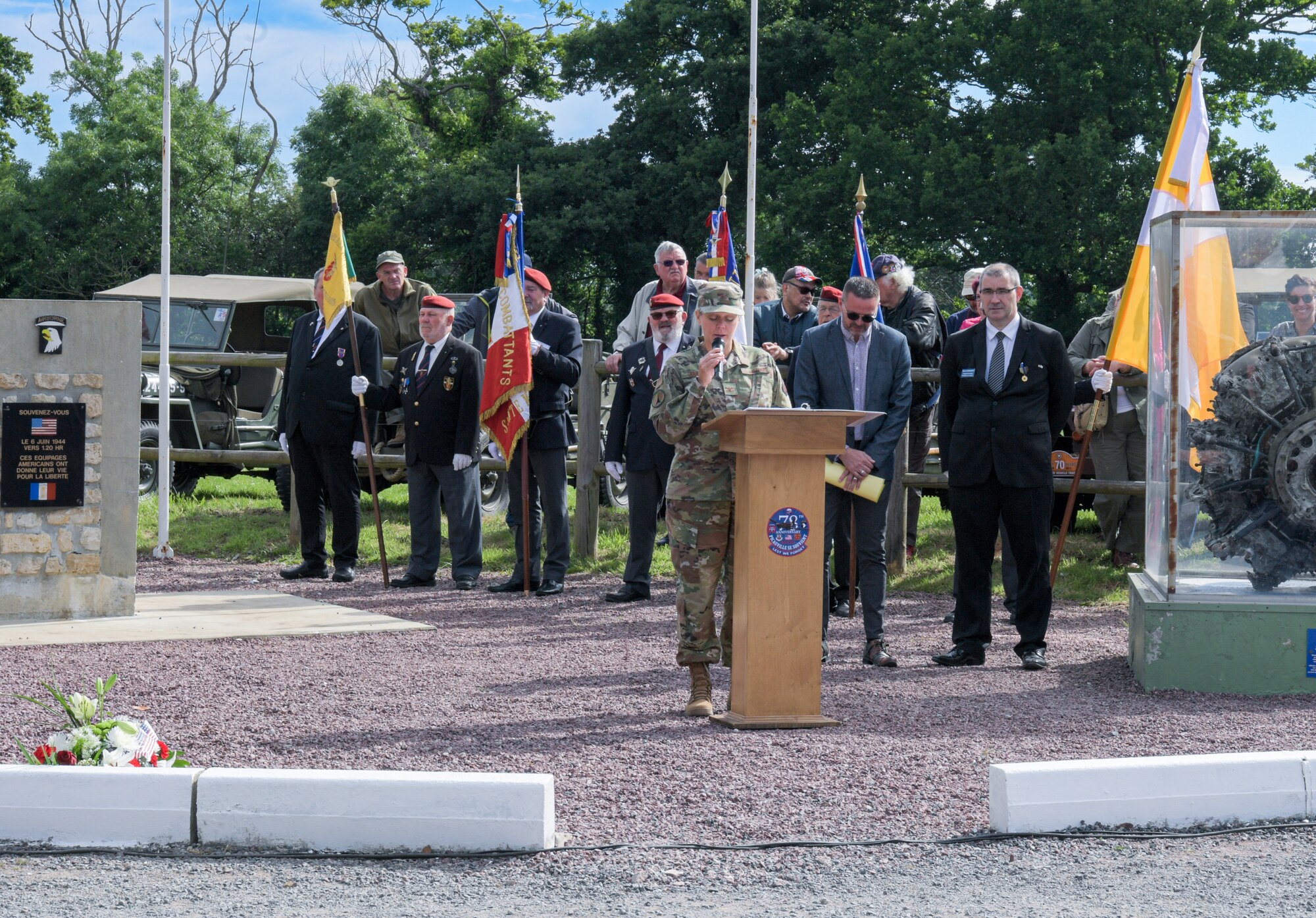 U.S. Air Force Col. Eve Douglas, Reserve Air Attaché, US Embassy Paris, speaks to the attendees of the Airborne Memorial D-Day Ceremony at Picauville, France, June 2, 2022. The ceremony paid tribute to the soldiers who lost their lives after five C-47’s crashed here on June 6, 1944. (U.S. Air Force photo by Airman 1st Class Lauren Jacoby)