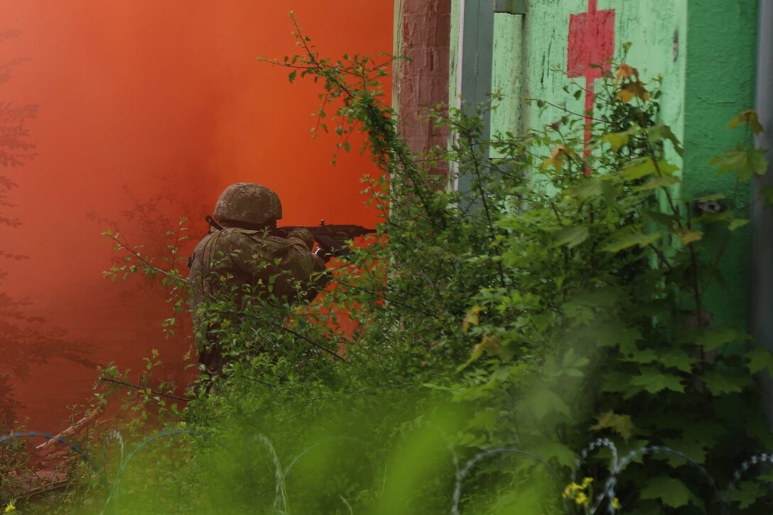 A service member holds a weapon in a firing position behind bushes and near a building.