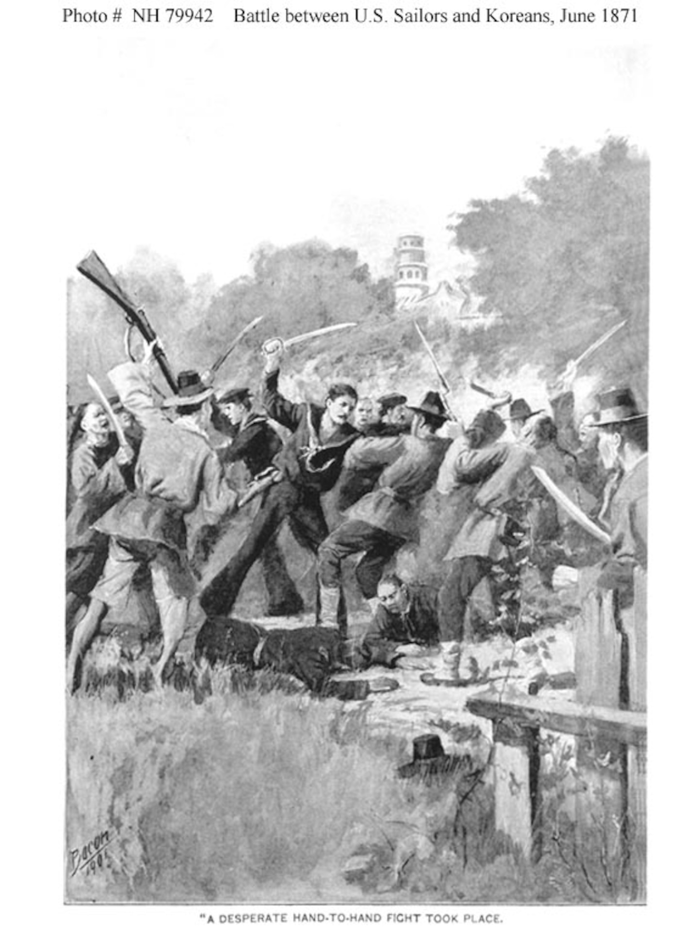 Image shows Sailors William F. Lukes, Seth A. Allen, and Thomas Murphy battling Koreans while trying to rescue the mortally wounded Lieutenant Hugh W. McKee, 11 June 1871. McKee is laying on the ground in the forefront.  US Naval Historical Center Image.