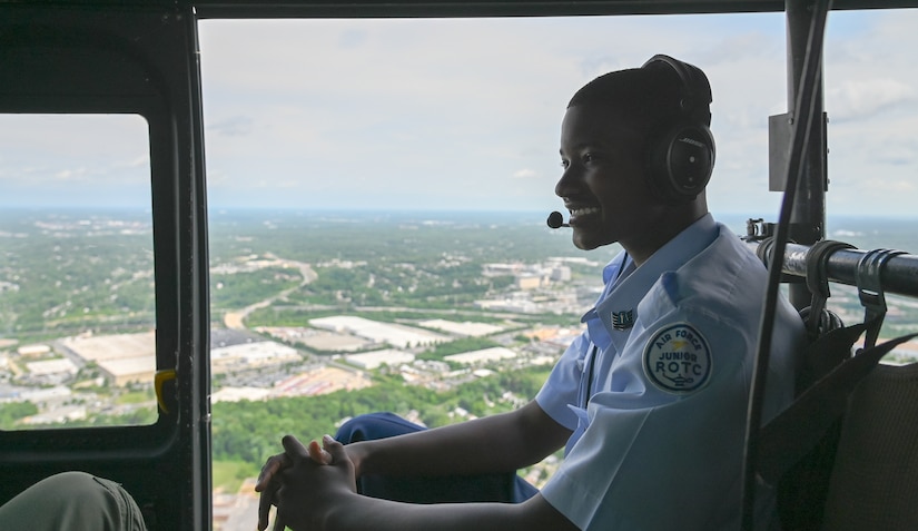 ROTC cadet smiles in helicopter