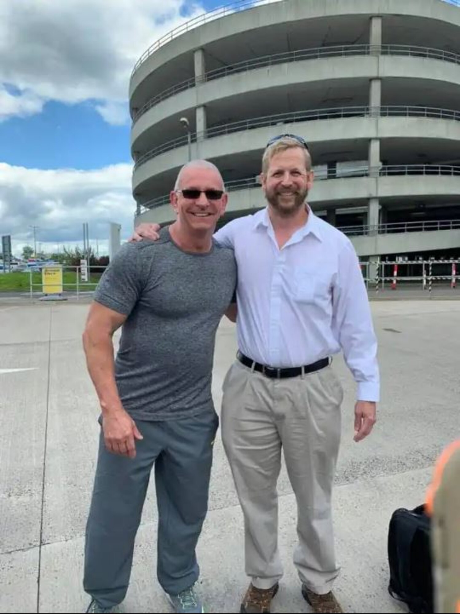 Lt Col (ret) Jason Howell, right, traveled to Scotland with several other Wounded Warriors for the Cateran Yomp. The Yomp is a 26 to 52-mile hike through the Scottish Highlands to raise money for other wounded, ill, or injured soldiers from around the world. Here he is with celebrity chef Robert Irvine. (Courtesy Photo)