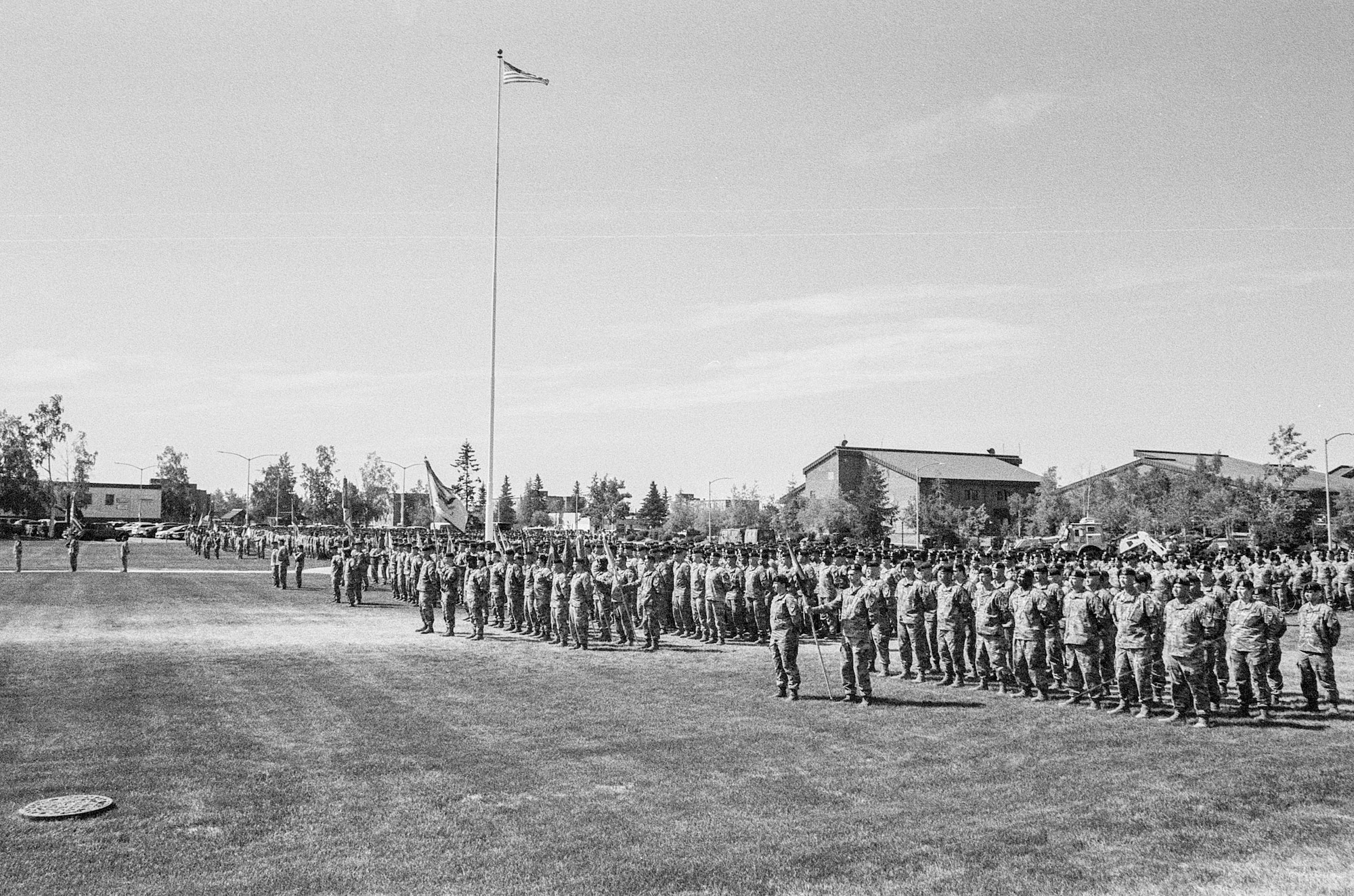 Soldiers stand in formation during a ceremony