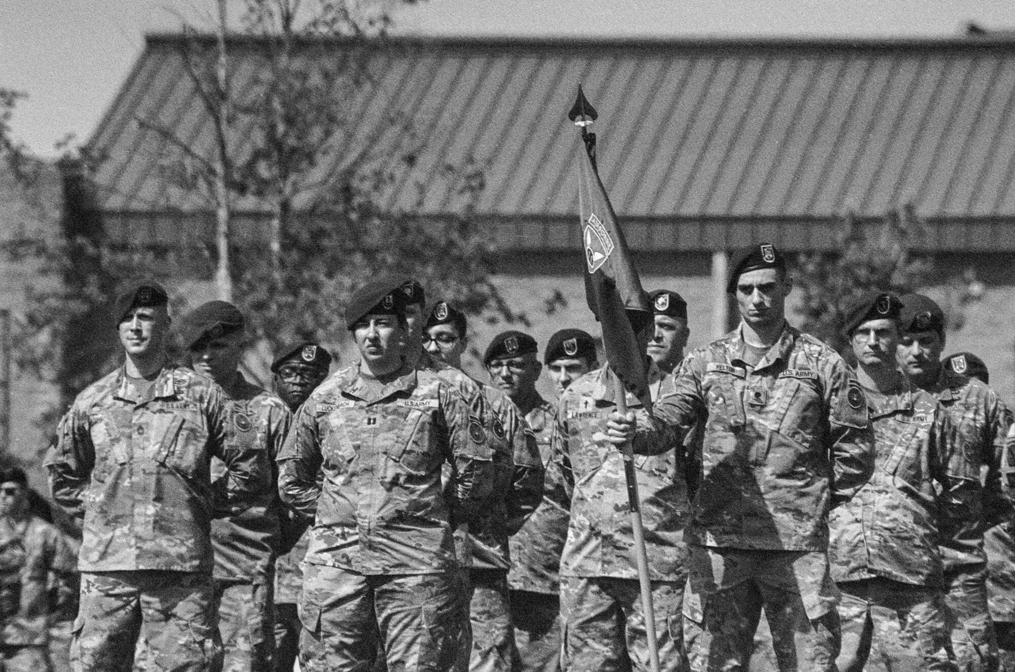 Soldiers stand in formation during a ceremony