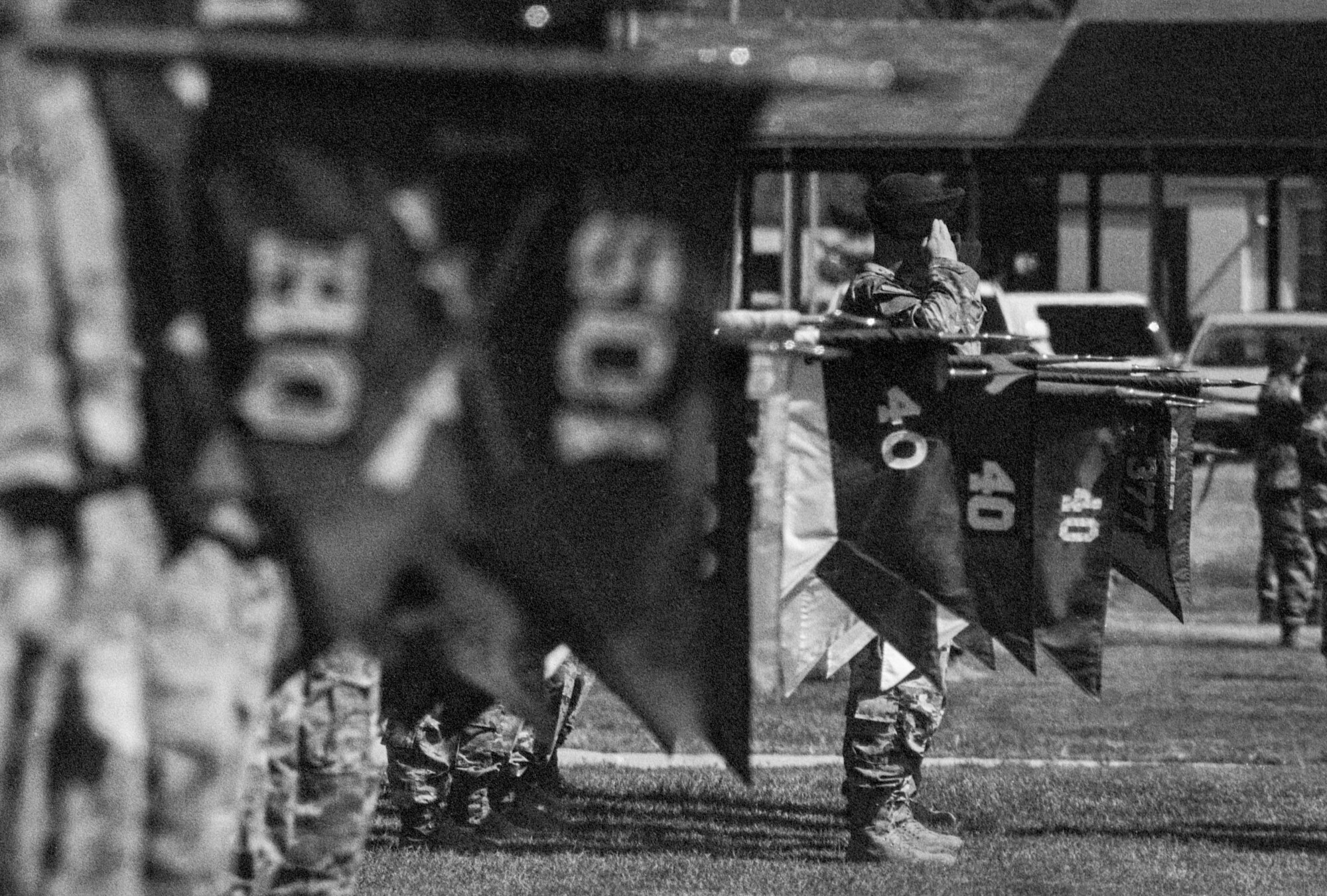 Soldiers stand in formation during a ceremony
