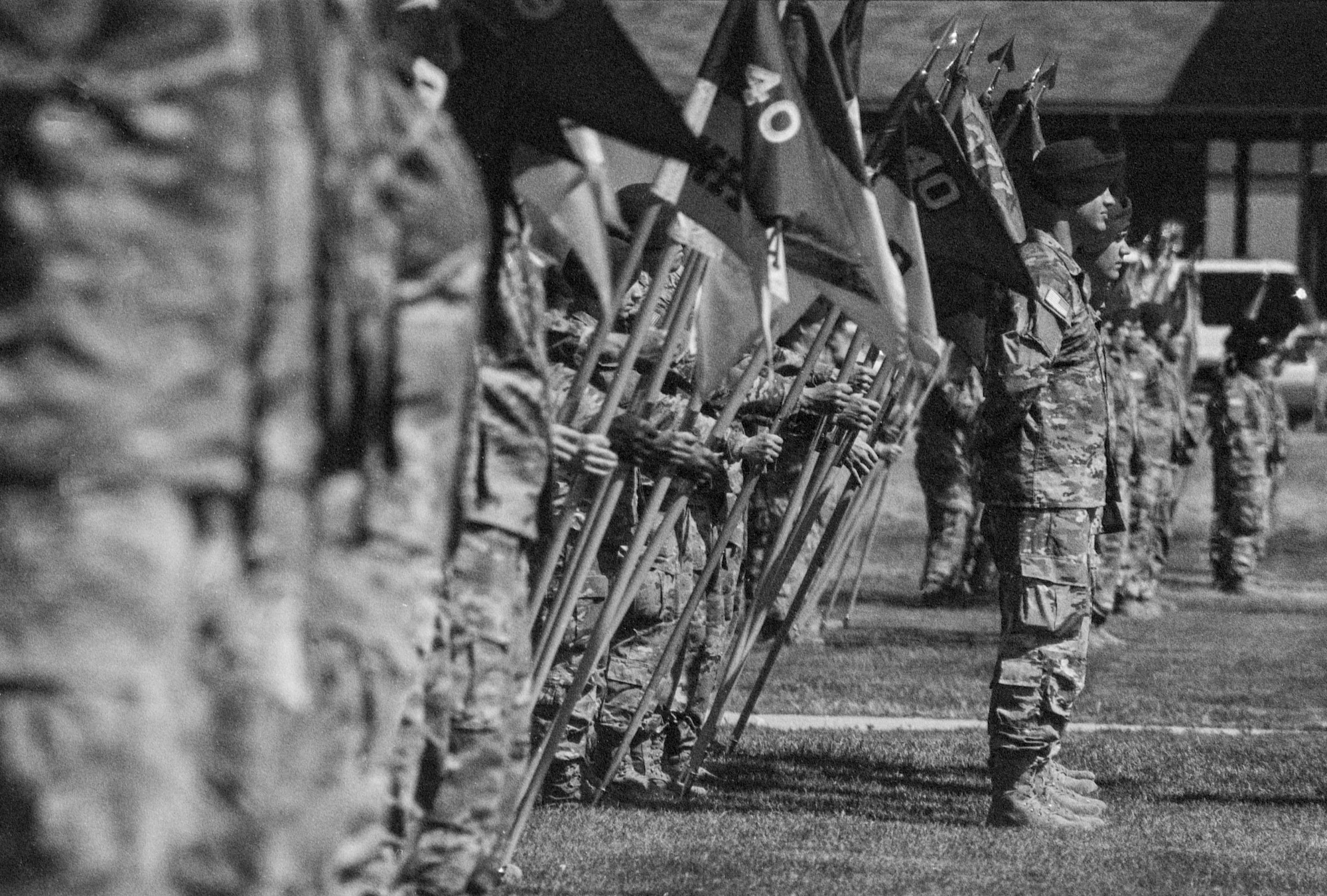 Soldiers stand in formation during a ceremony