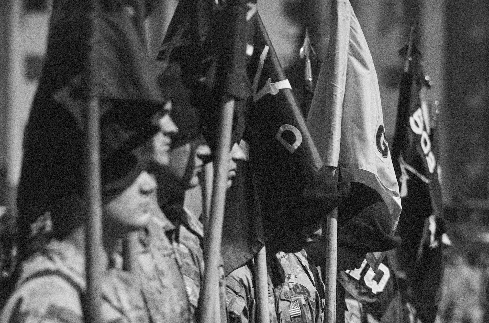 Soldiers stand in formation during a ceremony