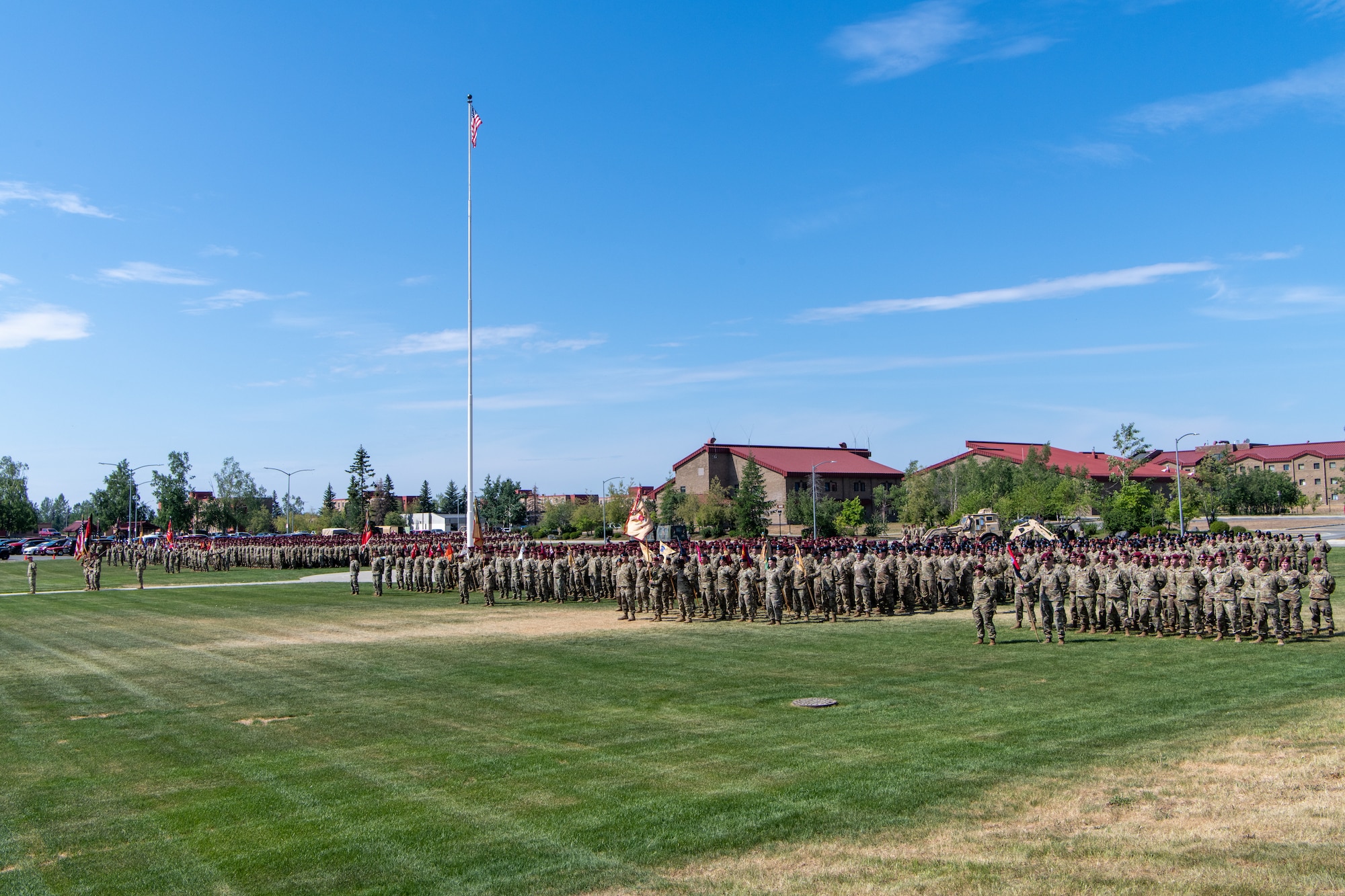 Soldiers stand in formation during a ceremony