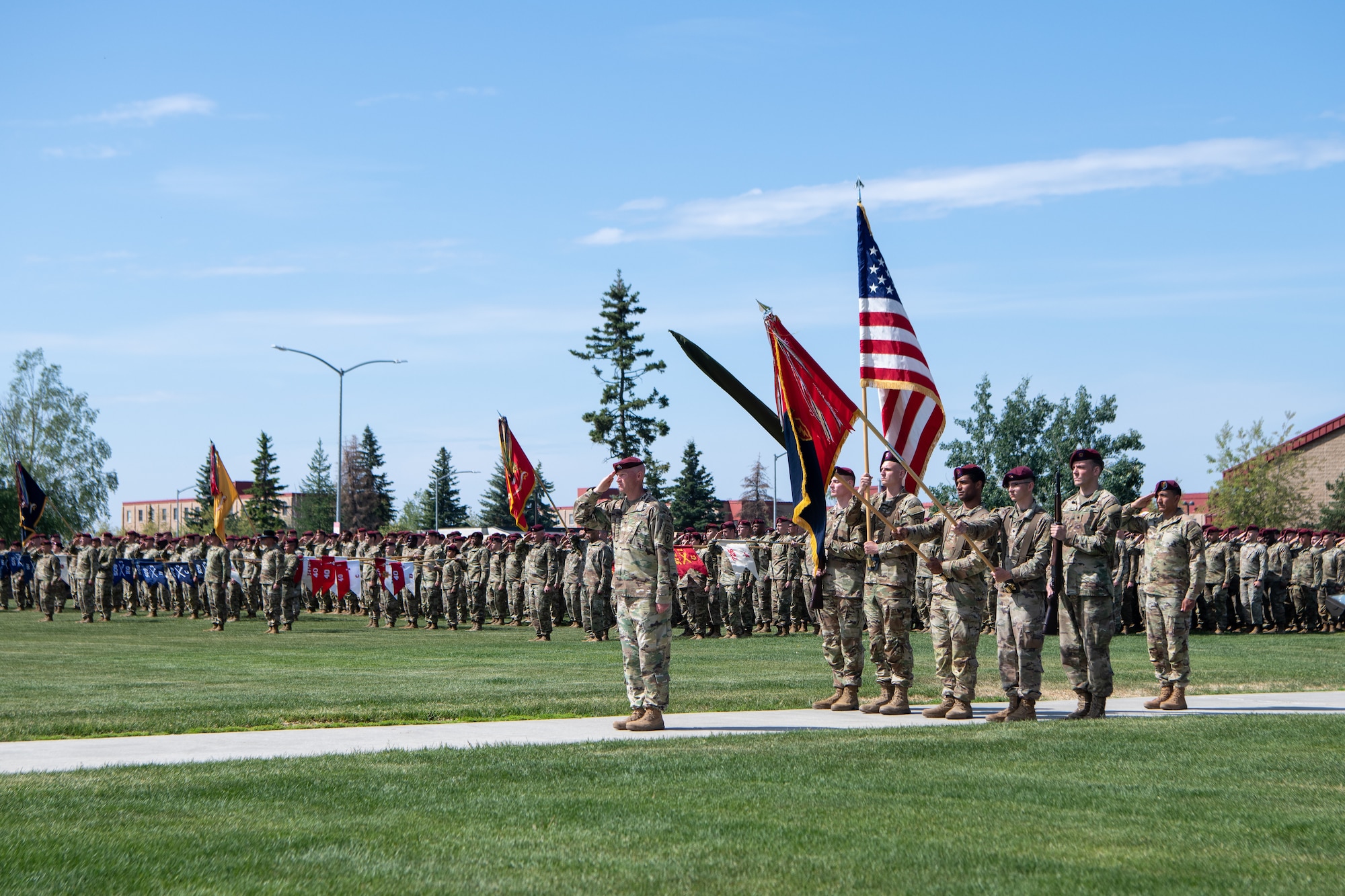 Soldiers stand in formation during a ceremony
