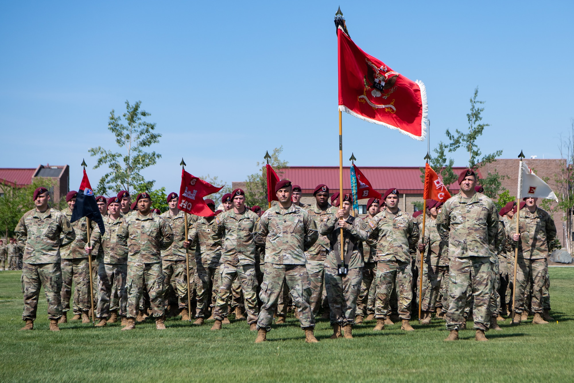 Soldiers stand in formation during a ceremony