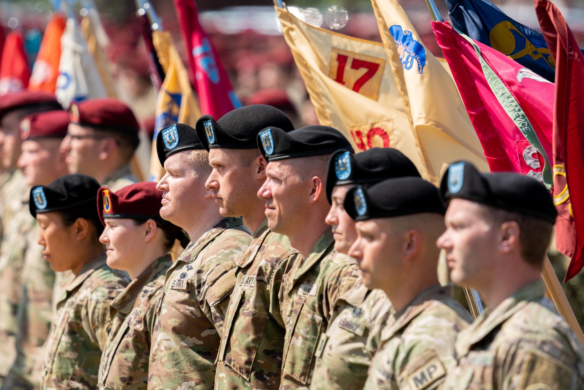 Soldiers stand in formation during a ceremony