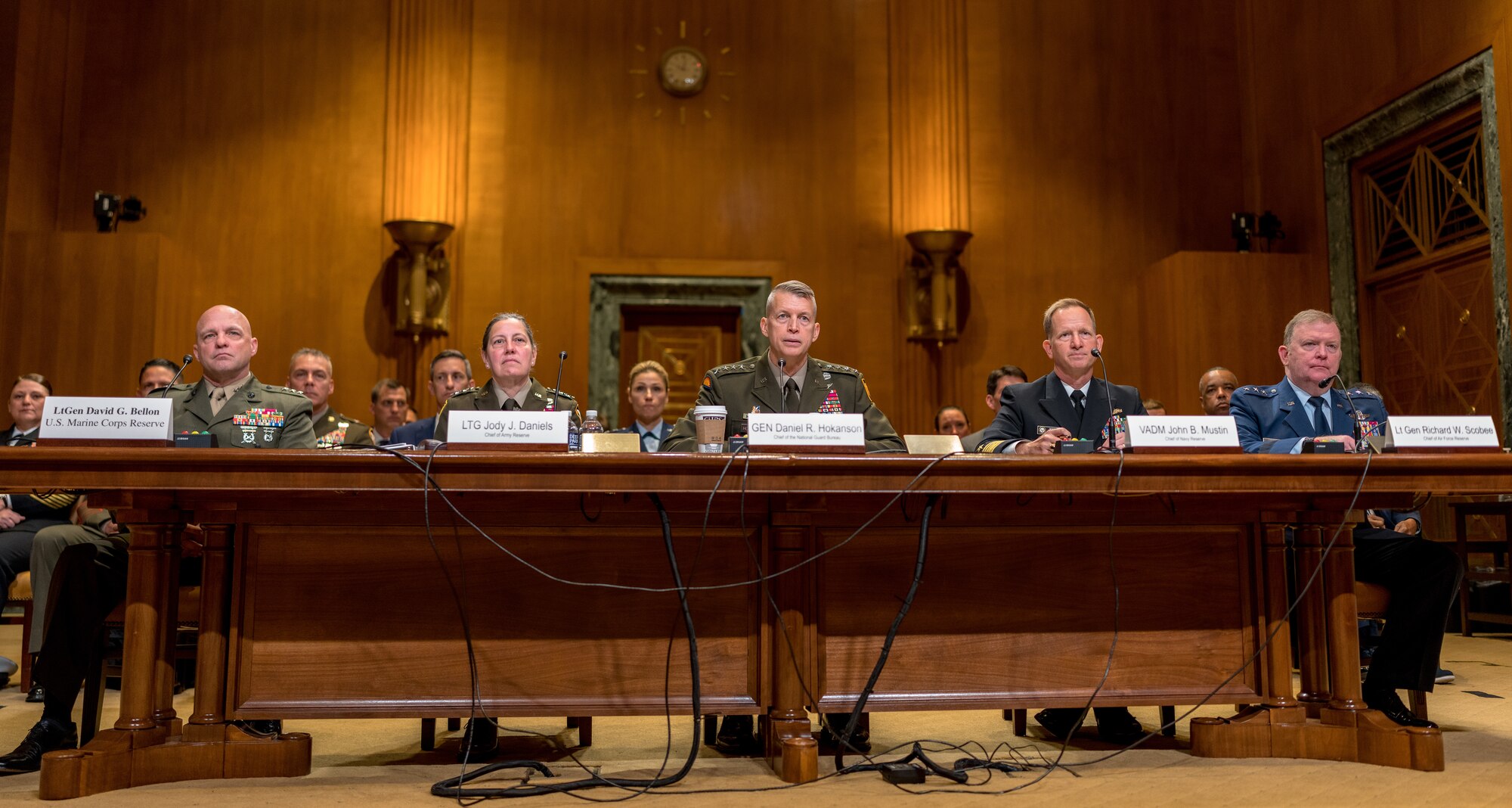 Lt. Gen. David G. Bellon, U.S. Marine Corps Reserve commander, Lt. Gen. Jody J. Daniels, Chief of Army Reserve,  Gen. Daniel R. Hokanson, Chief of the National Guard Bureau, Vice Adm. John B. Mustin, Chief of the Navy Reserve, and Lt. Gen. Richard W. Scobee, Chief of the Air Force Reserve and commander of the Air Force Reserve Command testify before the Senate Approptiations Subcommittee on Defense