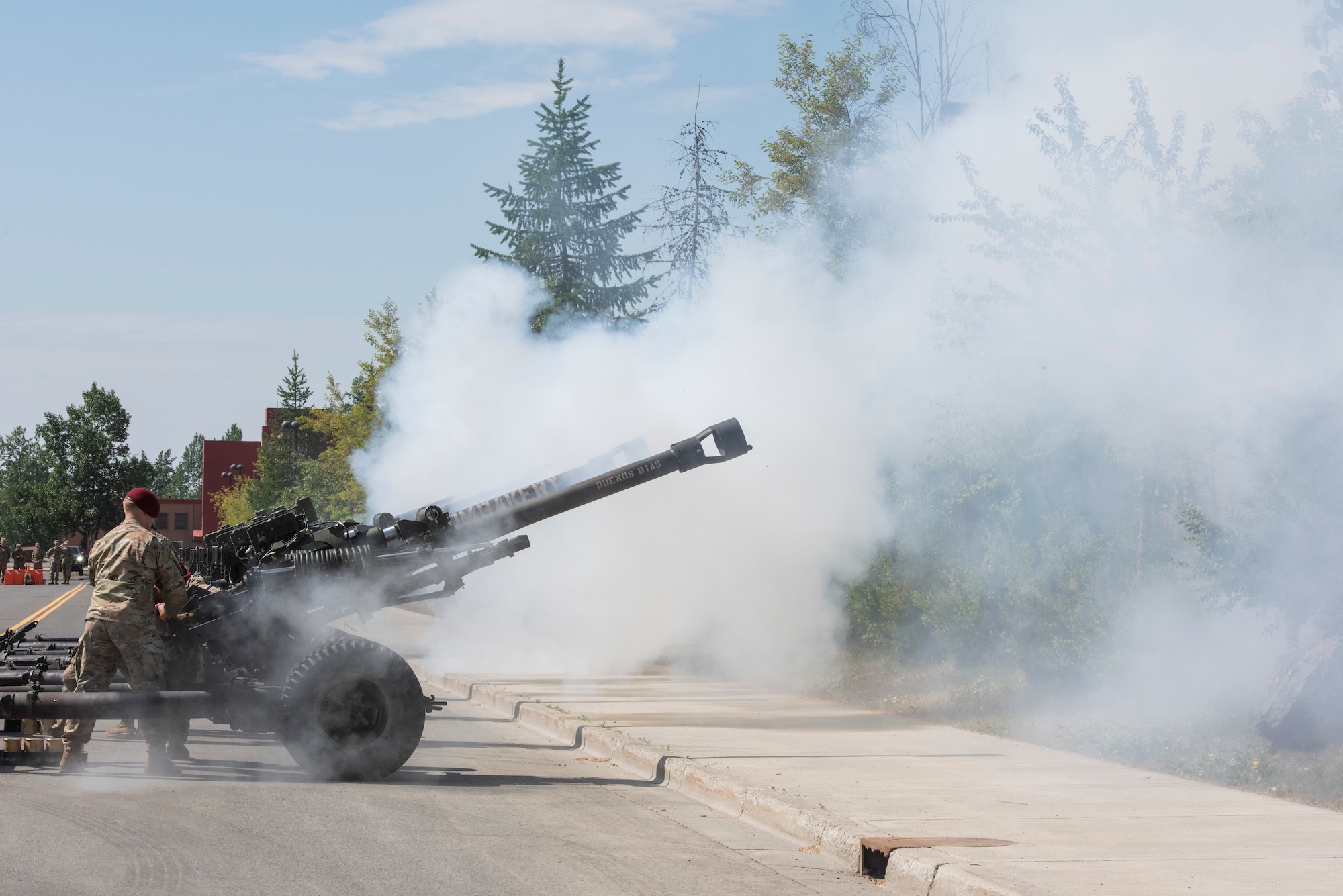 Howitzers fire off during a military ceremony