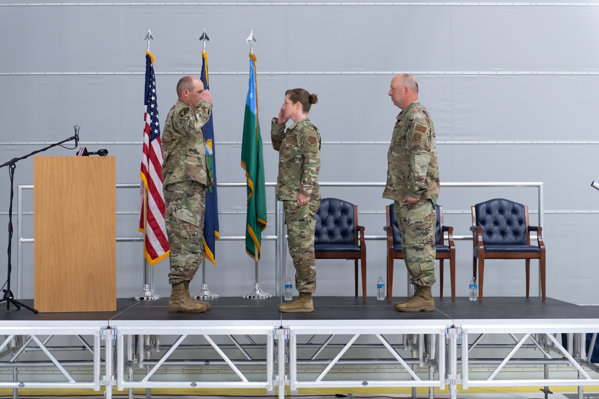 A photo of Chief Master Sgt. Adrianne Schulz, the incoming command chief for the 158th Fighter Wing, assumes authority as command chief from Col. David Shevchik, commander of the 158th Fighter Wing during the command chief master sergeant assumption of authority ceremony at the Vermont Air National Guard Base, South Burlington, Vermont, June 4, 2022. Schulz is the first female command chief in the seven decade history of the Vermont Air National Guard. (U.S. Air National Guard photo by Master Sgt. Ryan Campbell)