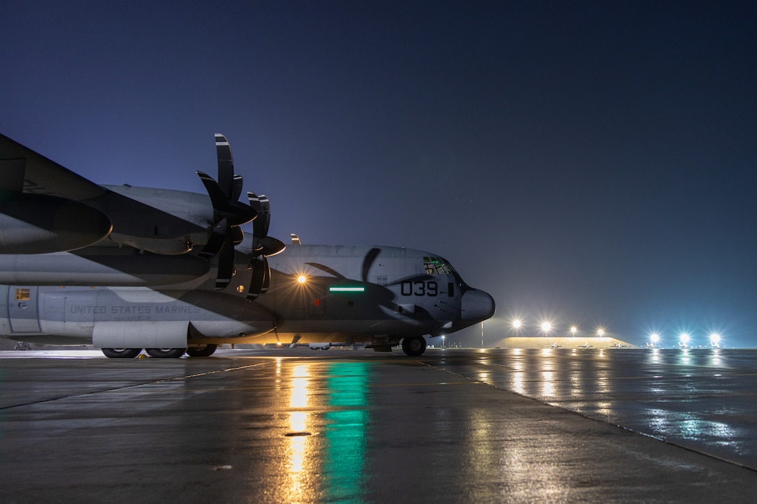 A U.S. Marine Corps KC-130J Super Hercules, assigned to Marine Aerial Refueler Transport Squadron (VMGR) 252, 2nd Marine Aircraft Wing (MAW), prepares to take off for flight from Łask Air Base, Poland, April 15, 2022. 2nd MAW units are deployed to enhance NATO's capabilities in Eastern Europe at the invitation of the host nation. (U.S. Marine Corps photo by Cpl. Adam Henke)