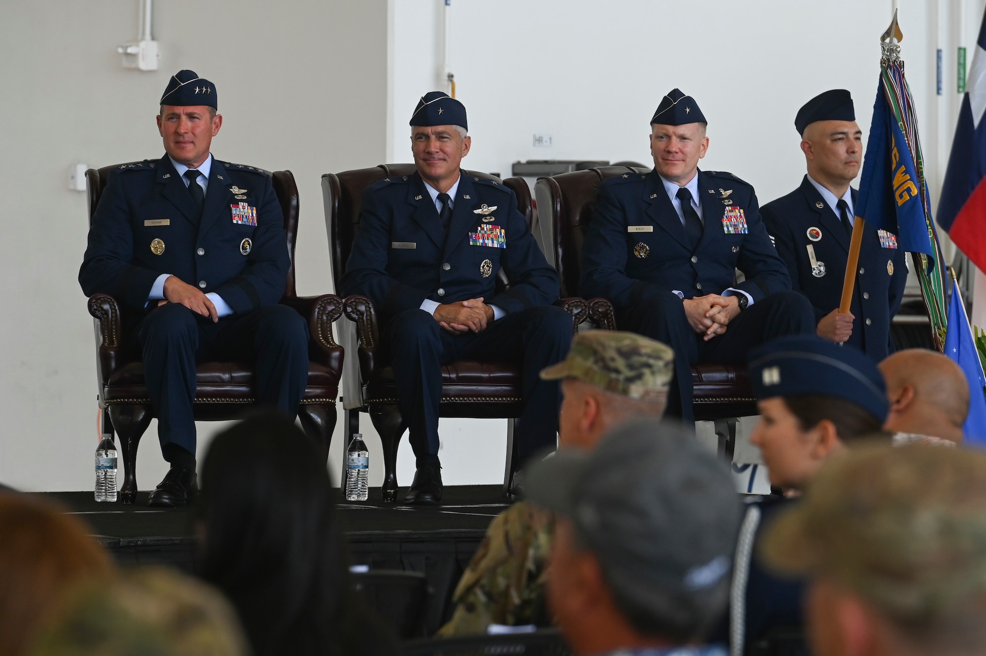U.S. Air Force Lt. Gen. David A. Krumm, Brig. Gen. Jeremy T. Sloane, and Brig. Gen. Paul R. Birch, prepare for a change of command, June 10, 2022 at Andersen Air Force Base, Guam.