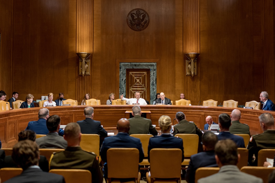 Members of the Senate Appropriations Subcommitte on Defense listen to Department of Defense Guard and Reserve senior leaders testify