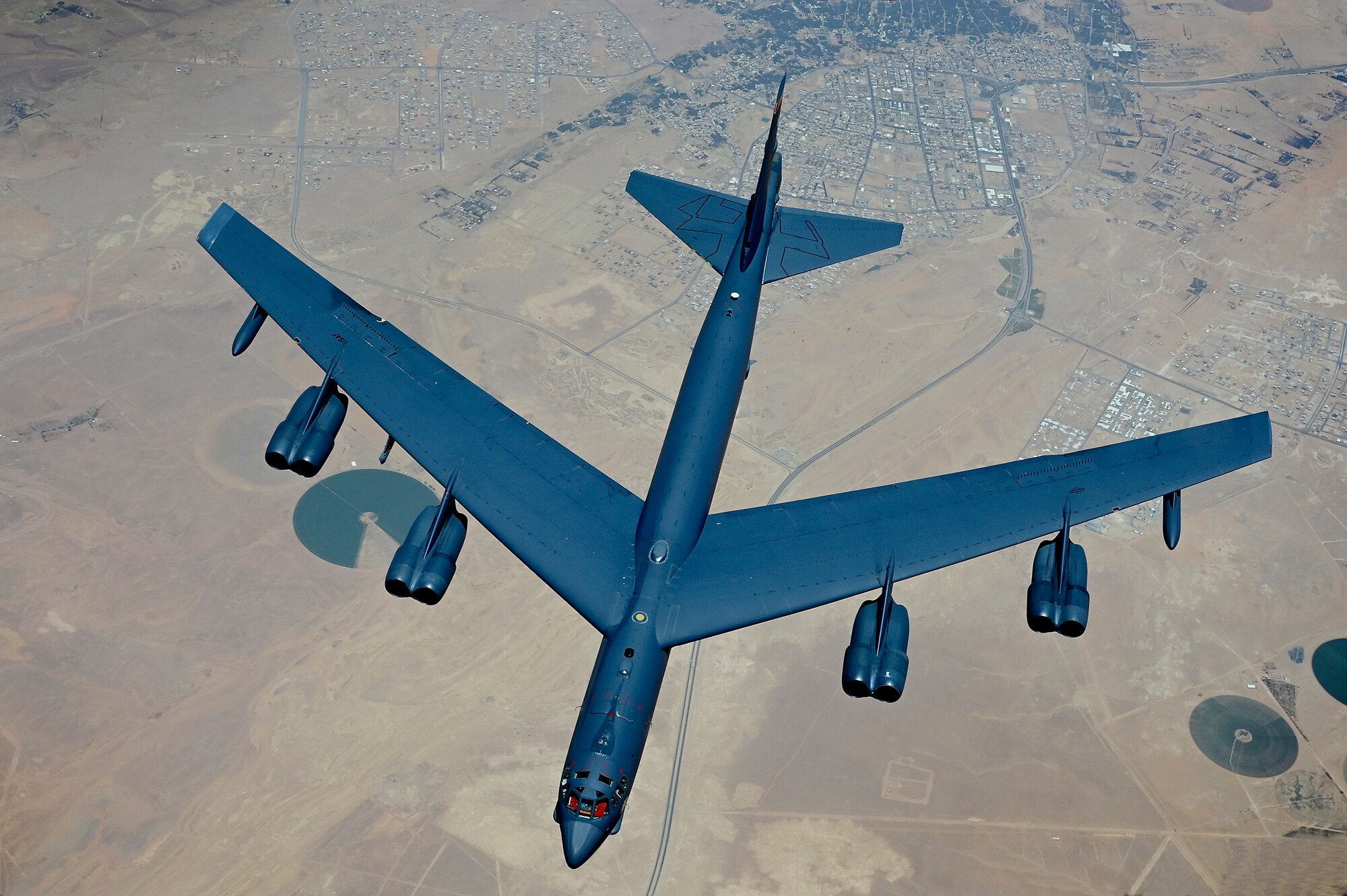 A U.S. Air Force B-52 Stratofortress, assigned to the 5th Bomb Wing, conducts a presence patrol mission with coalition and regional partners within the U.S. Central Command area of responsibility, June 8, 2022. Presence patrol missions demonstrate the U.S.-led coalition's commitment to promoting regional stability. (U.S. Air Force photo by Master Sgt. Matthew Plew)