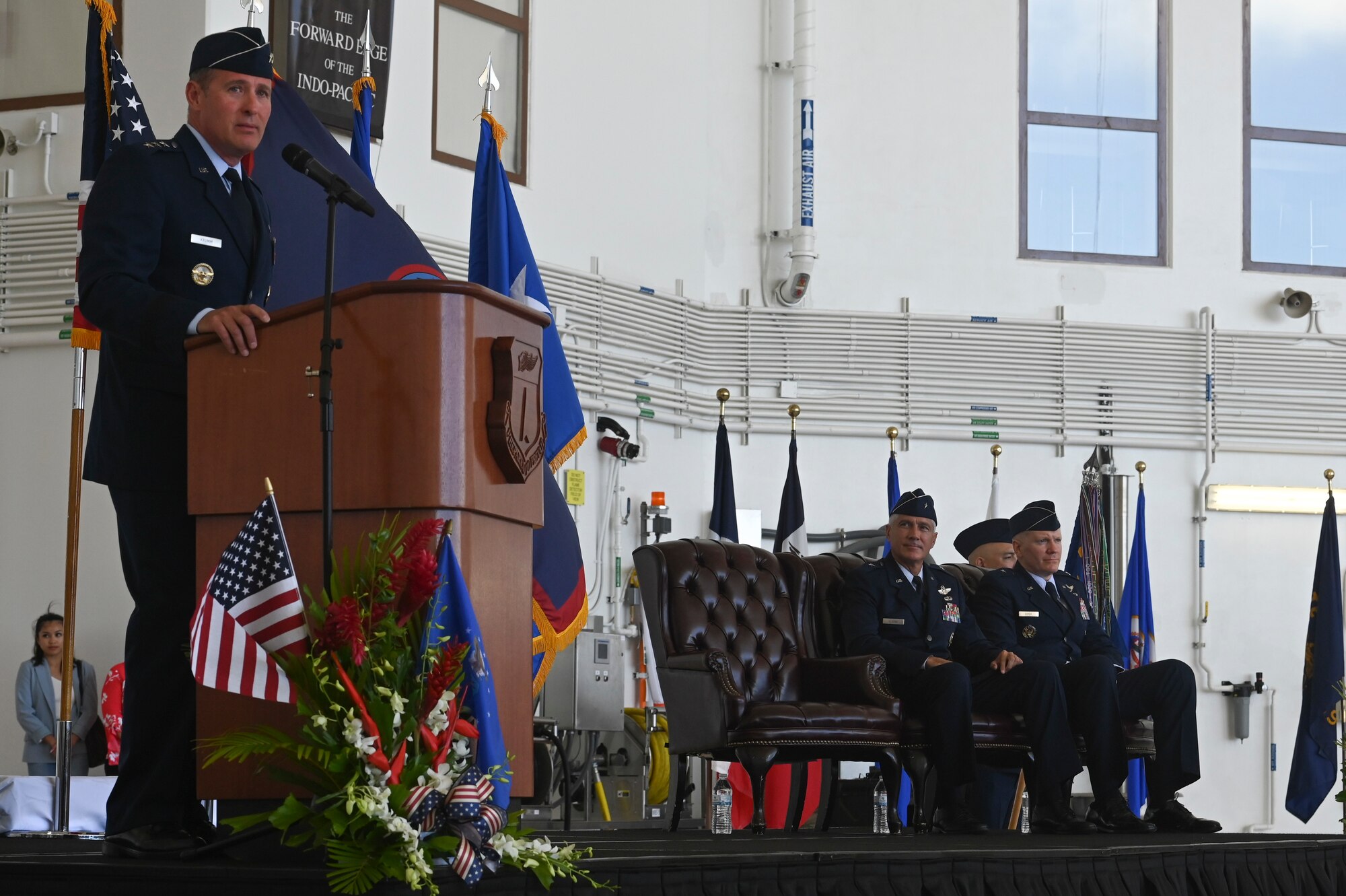 U.S. Air Force Lt. Gen. David A. Krumm, commander, 11th Air Force, offers remarks during the 36th Wing change of command ceremony, June 10, 2022, at Andersen Air Force Base, Guam.
