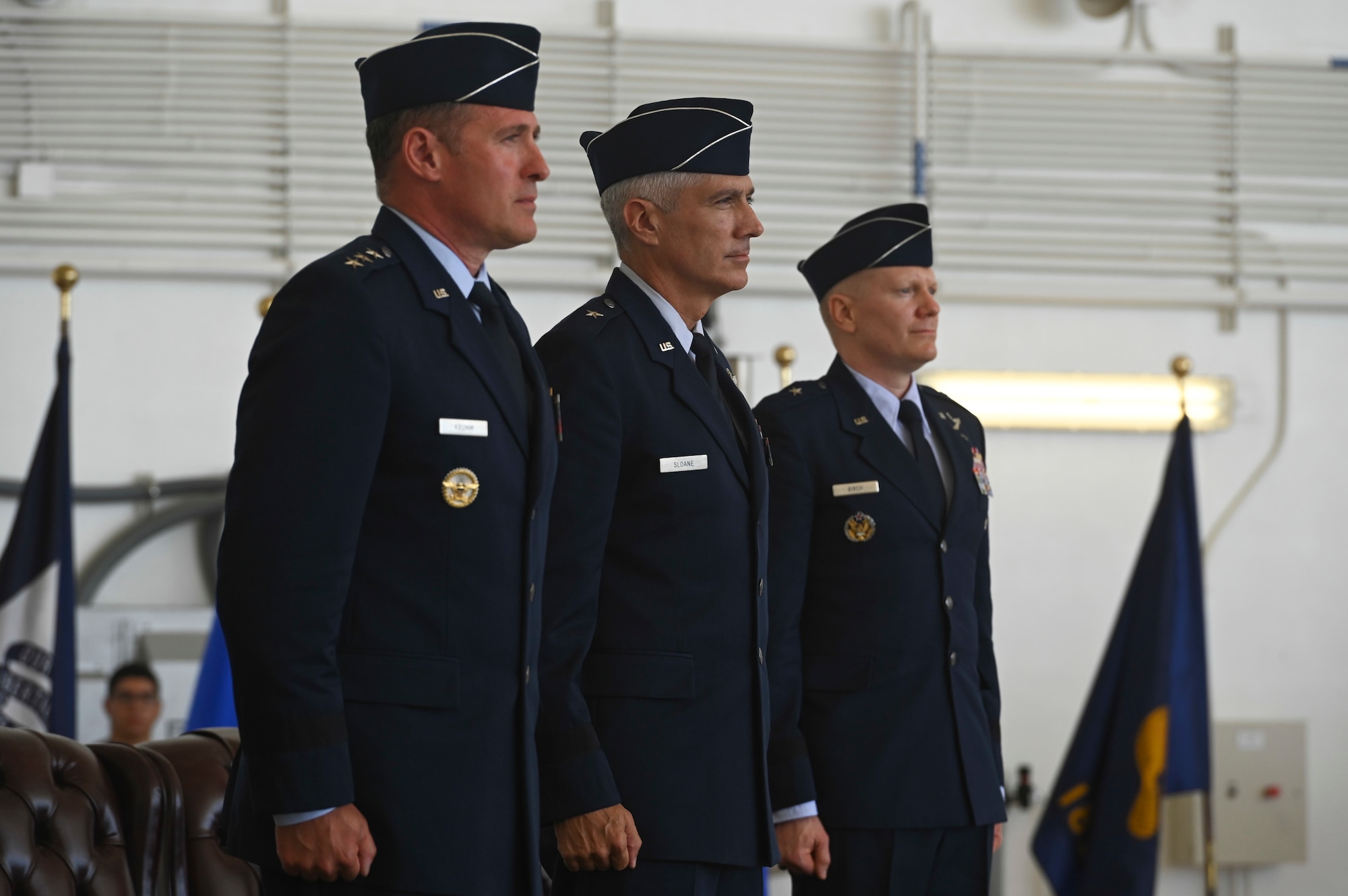 U.S. Air Force Brig. Gen. Jeremy T. Sloane is awarded a Distinguished Service Medal from U.S. Air Force Lt. Gen. David A. Krumm, commander, 11th Air Force, during the 36th Wing change of command ceremony, June 10, 2022, at Andersen Air Force Base, Guam.