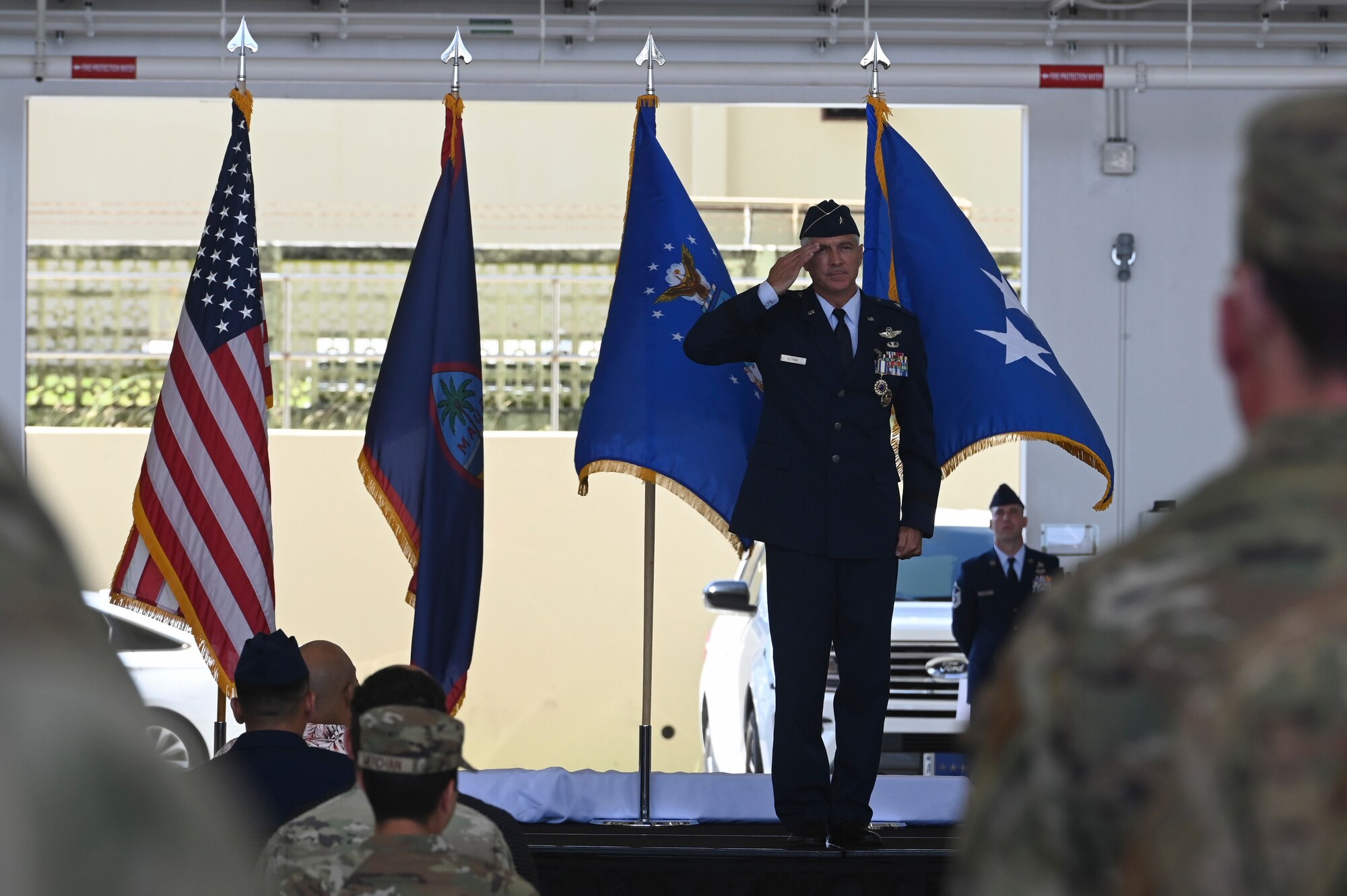 U.S. Air Force Brig. Gen. Jeremy T. Sloane renders his last salute during the 36th Wing change of command ceremony, June 10, 2022, at Andersen Air Force Base, Guam.