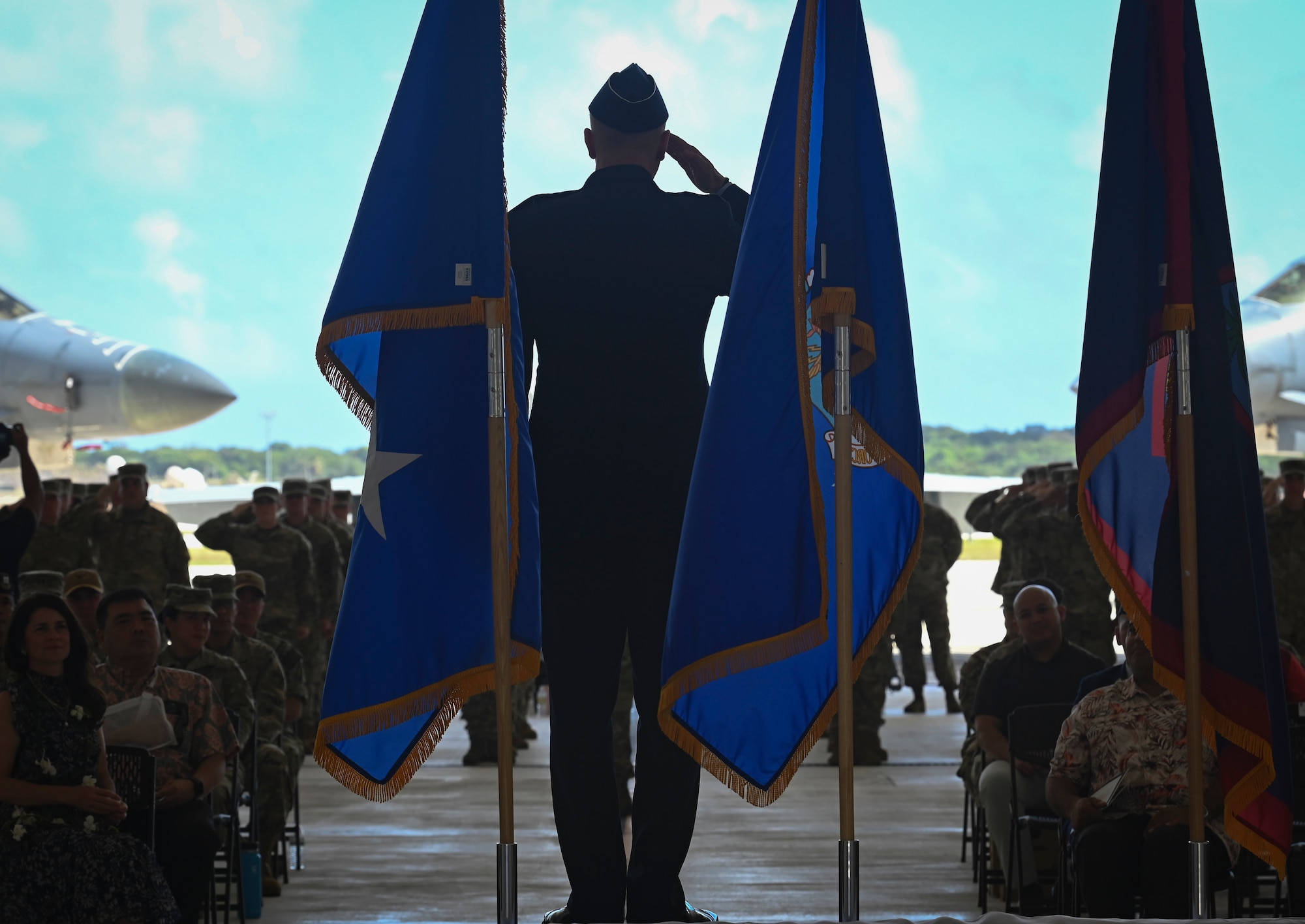 U.S. Air Force Brig. Gen. Paul R. Birch renders his first salute during the 36th Wing change of command ceremony, June 10, 2022, at Andersen Air Force Base, Guam.