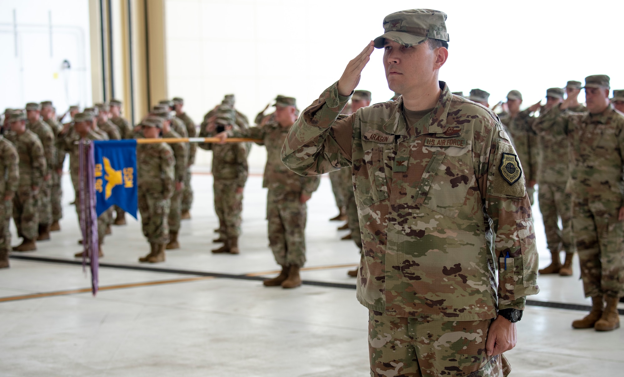 U.S. Air Force Col. David K. Aragon, vice commander of the 36th Wing, leads the formation during a change of command ceremony, June 10, 2022, at Andersen Air Force Base, Guam.The 36th Wing is comprised of five groups and 18 squadrons, executing Indo-Pacific Command's Bomber Task Force, Theater Security Packages, Contingency Response Operations and peacetime and combat operations in the Indo-Pacific Region. The Wing is also tasked to ensure the successful deployment, employment and integration of air and space forces from the most forward sovereign U.S. Air Force Base in the Indo-Pacific Region. (U.S. Air Force photos by Staff Sgt. Ryan Brooks)