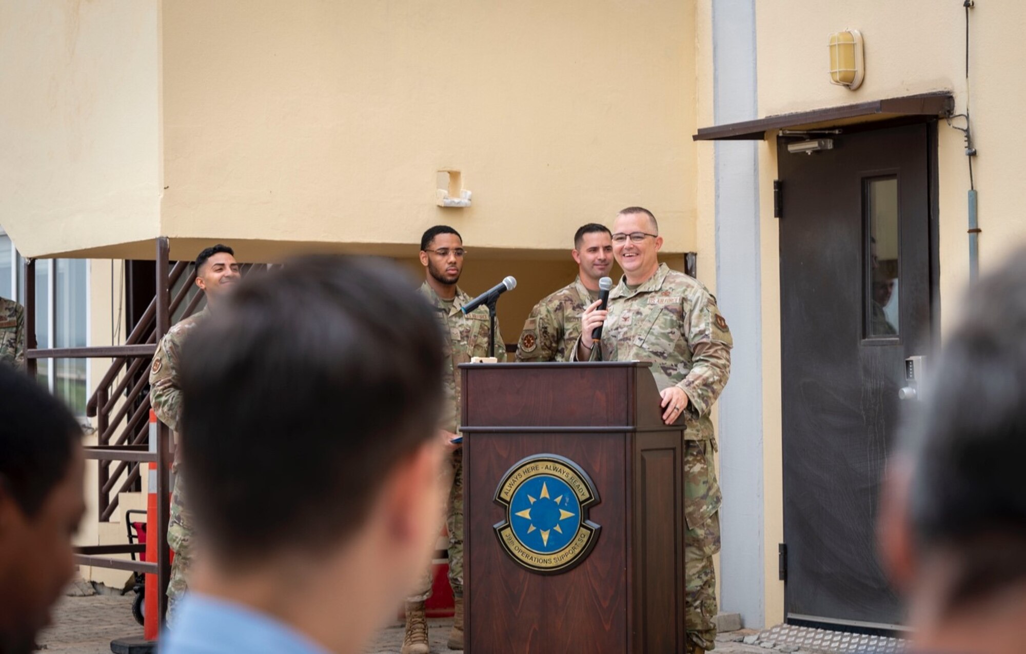 Col Douglas Whitehead, 39th Weapons System Security Group commander, gives his remarks during a change of command ceremony at Incirlik Air Base, Turkey, June 3, 2022. During the ceremony, Lt. Col. Christopher Dieter relinquished command to Whitehead, who then charged Lt. Col. Octavio Prieto with leading the 39th OSS. The change of command ceremony is a long-standing military tradition that represents the formal transfer of command from one officer to another.  (U.S. Air Force photo by Staff Sgt. Gabrielle Winn)
