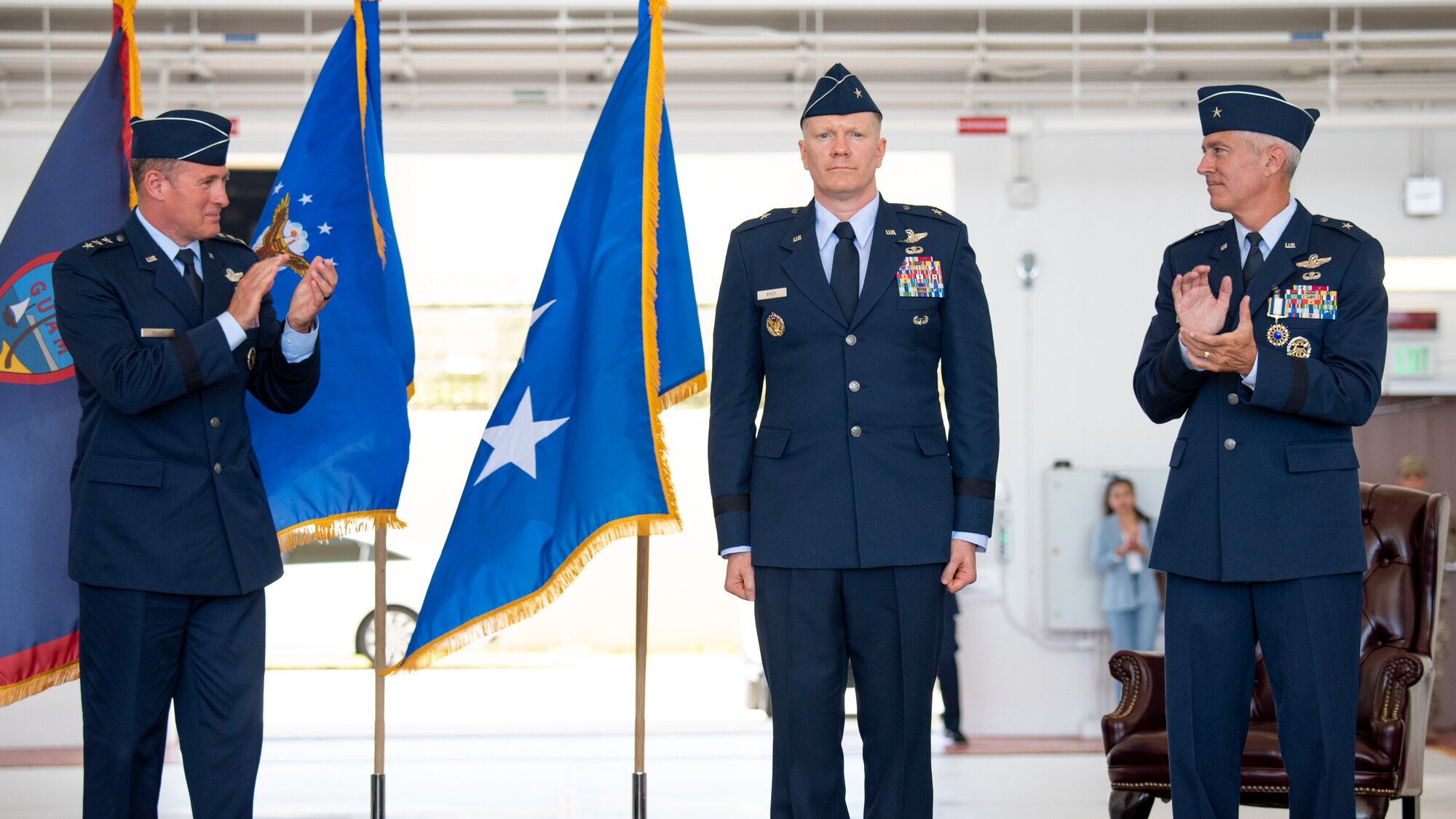 U.S. Air Force Brig. Gen. Paul R. Birch takes command of the 36th Wing from outgoing commander, Brig. Gen. Jeremy T. Sloane, during a change of command ceremony, June 10, 2022, at Andersen Air Force Base, Guam. As installation commander, Birch is now responsible for the well-being of more than 8,000 joint military and civilian personnel on Andersen AFB. Additionally, he supports Department of Defense installation management of Guam and the Northern Mariana Islands as the Deputy Commander of Joint Region Marianas. (U.S. Air Force photos by Staff Sgt. Ryan Brooks)