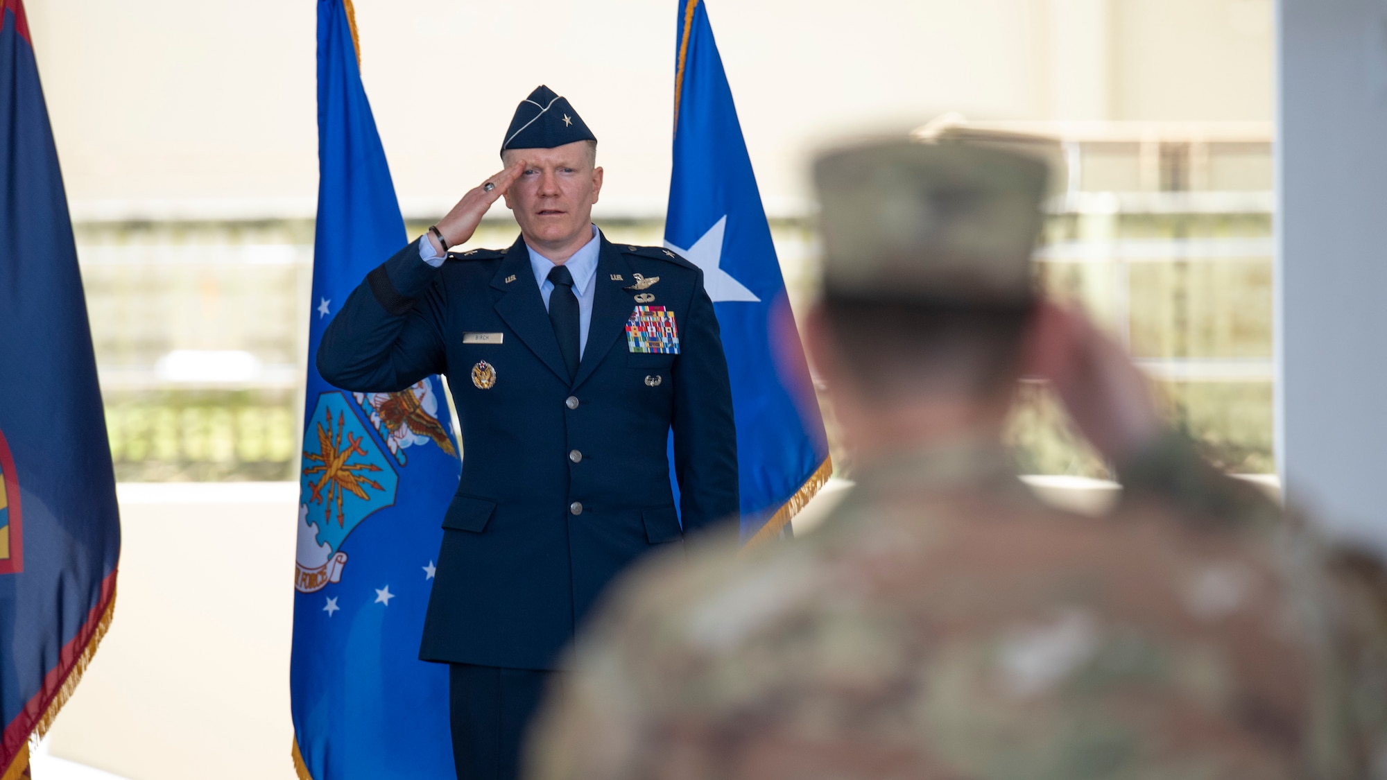 U.S. Air Force Brig. Gen. Paul R. Birch renders his first salute during the 36th Wing change of command ceremony, June 10, 2022, at Andersen Air Force Base, Guam. As installation commander, Birch is now responsible for the well-being of more than 8,000 joint military and civilian personnel on Andersen AFB. Additionally, he supports Department of Defense installation management of Guam and the Northern Mariana Islands as the Deputy Commander of Joint Region Marianas. (U.S. Air Force photo by Staff Sgt. Ryan Brooks)