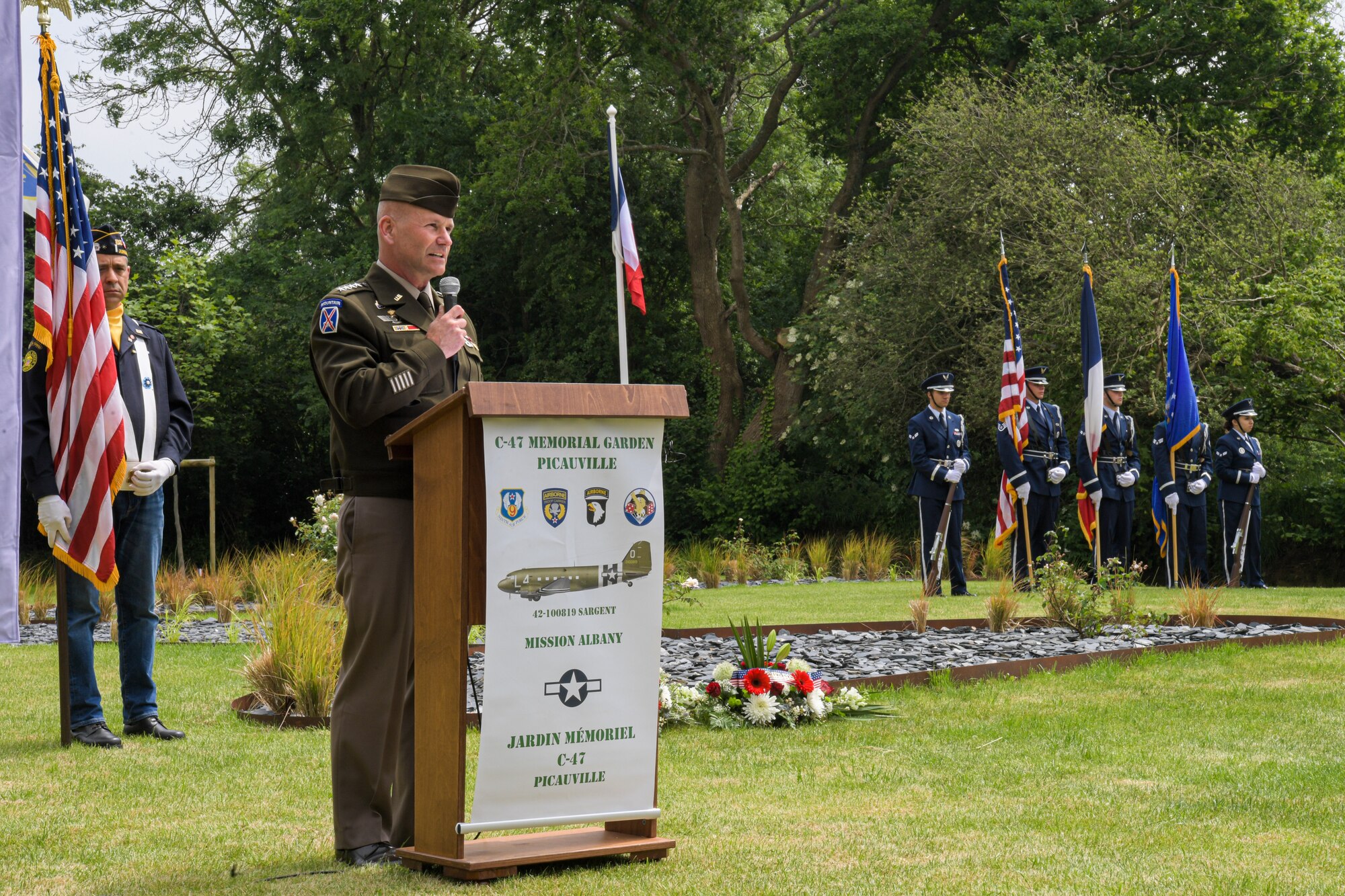 U.S. Army Gen. Christopher Cavoli, Europe and Africa commanding general, speaks to attendees of the C-47 Memorial Garden Ceremony in Picauville, France, June 4, 2022. The site was created to honor the sacrifice of 20 young American soldiers who gave their lives on June 6, 1944. (U.S. Air Force photo by Airman 1st Class Lauren Jacoby)