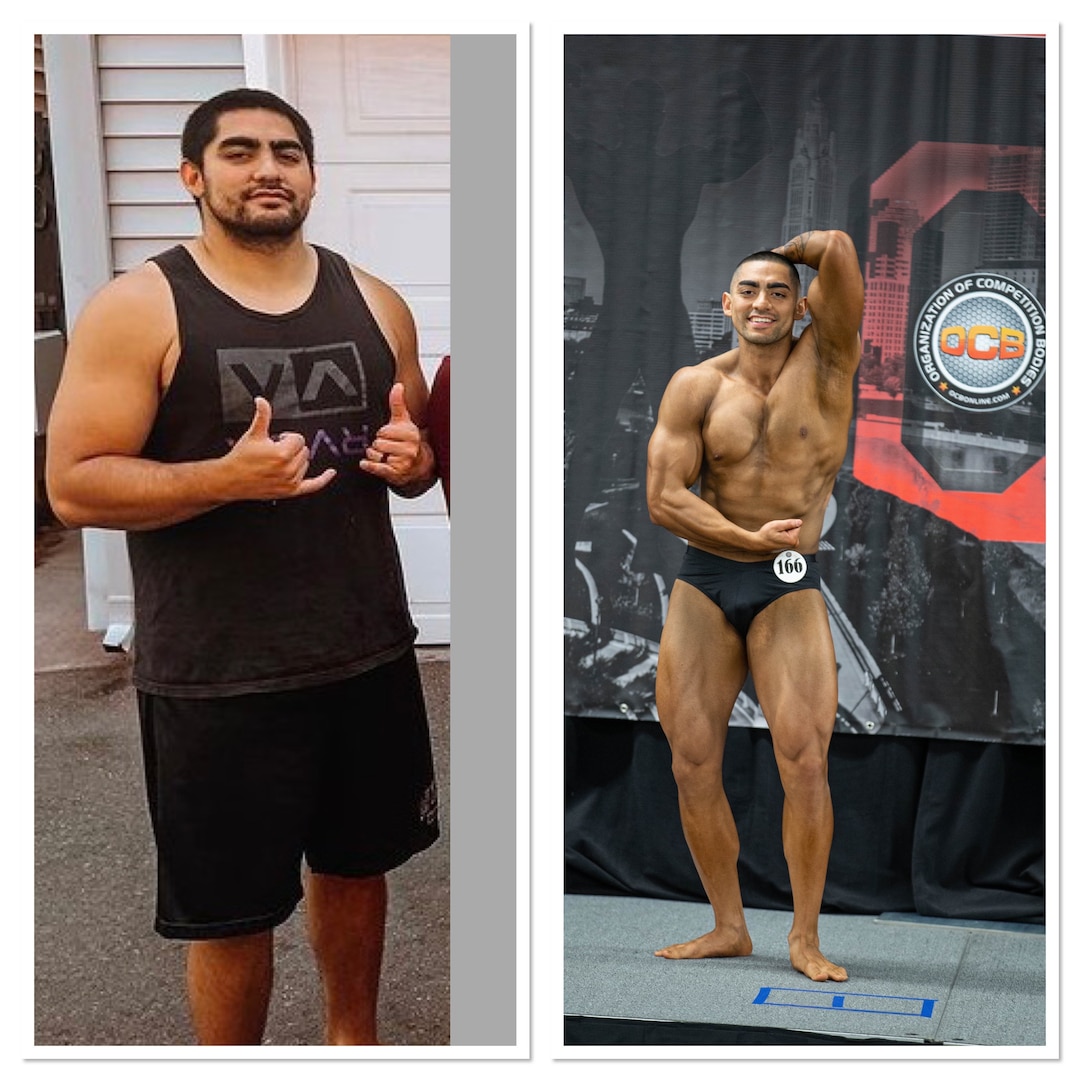 Before and after pictures of Petty Officer 2nd Class Tommy Aguon during his weigh loss and bodybuilding journey. Photo courtesy Petty Officer 2nd Class Tommy Aguon