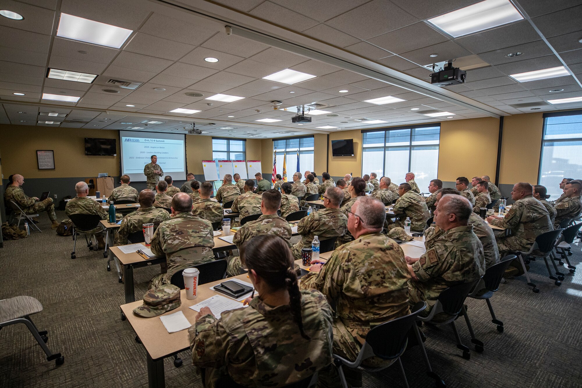 U.S. Air Force Brig. Gen. Patrick Kennedy, commander of the New Jersey Air National Guard, speaks to New Jersey Airmen during the 4th annual O6/E9 summit on Joint Base McGuire-Dix-Lakehurst, New Jersey, June 10, 2022.