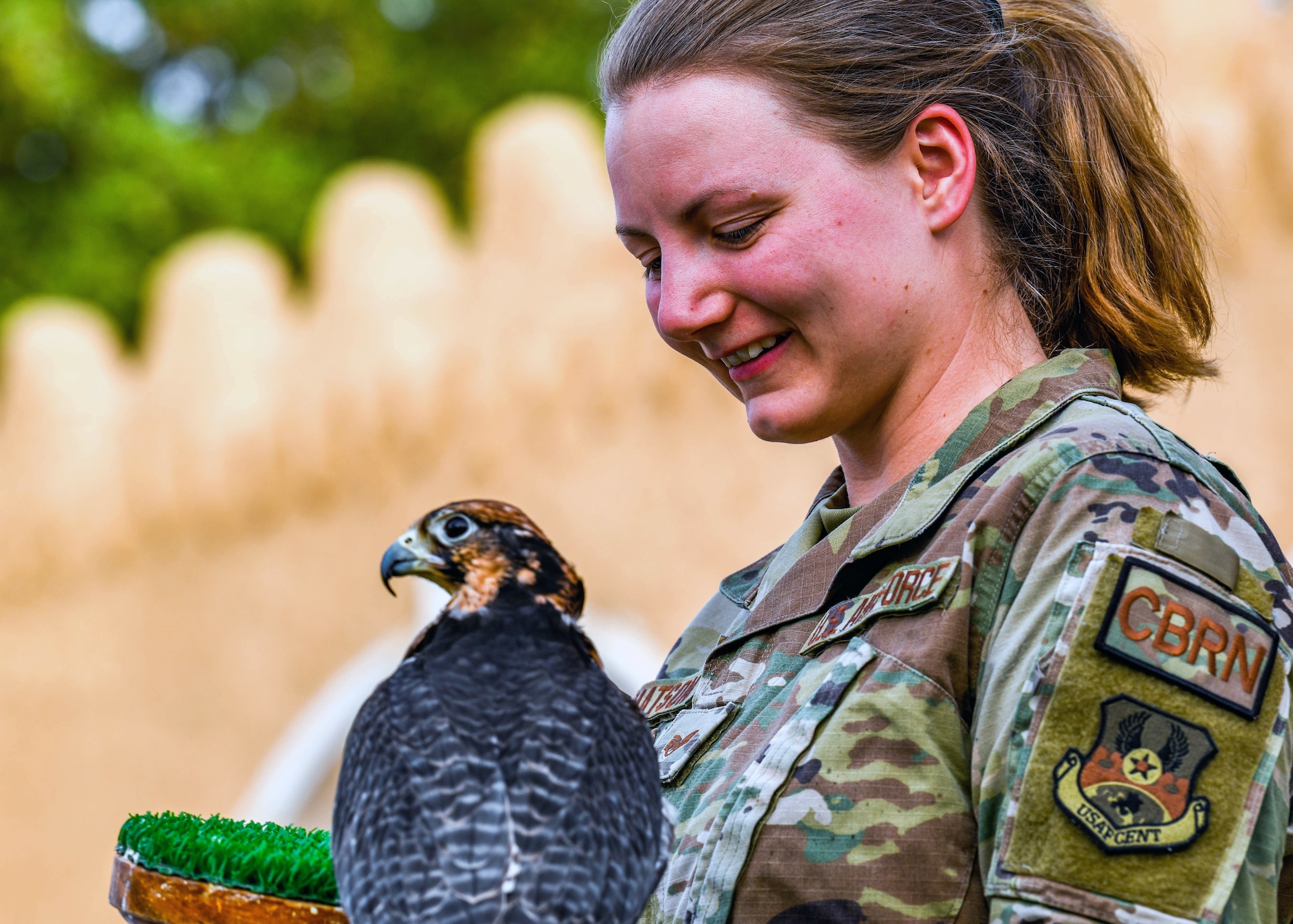 Staff Sgt. Brooklyn Matson, an emergency management specialist with the 378th Expeditionary Civil Engineer Squadron, holds a falcon