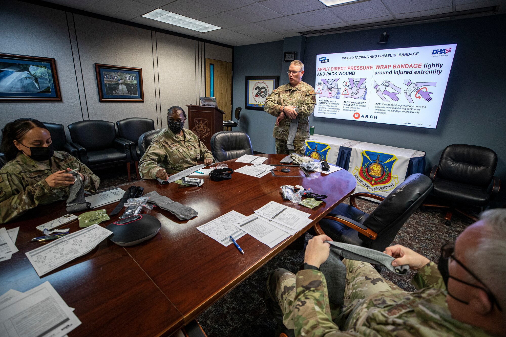 U.S. Air Force Maj. Roy Blackledge, with New Jersey's Joint Force Headquarters-Air, instructs a Tactical Combat Casualty Care class on Joint Base McGuire-Dix-Lakehurst, New Jersey, June 10, 2022.