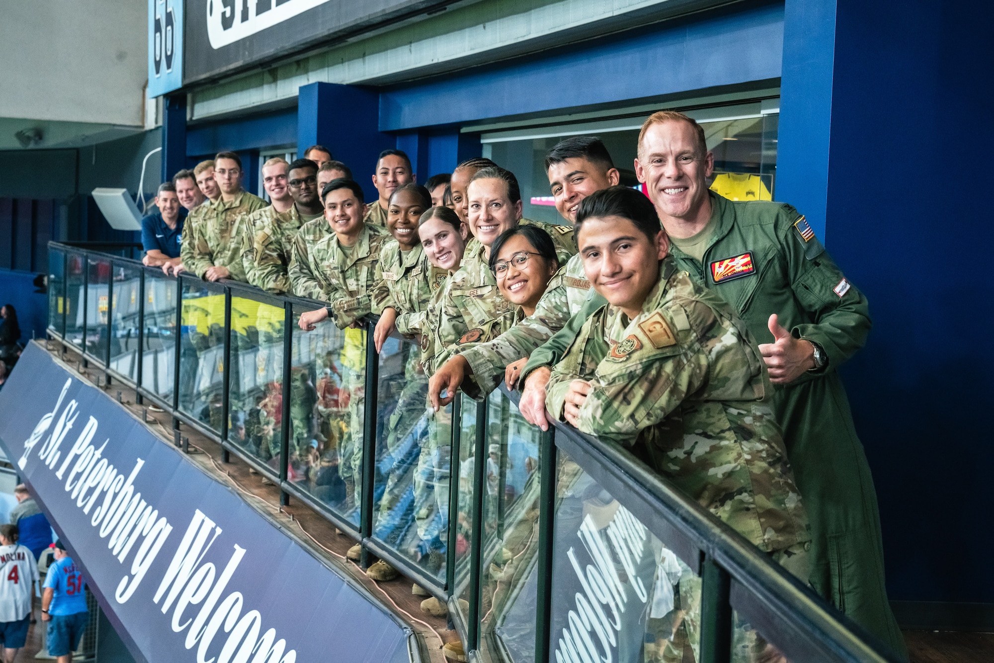 Airmen assigned to the 6th Air Refueling Wing pose for a photo at Tropicana Field in St. Petersburg, Florida, June 8, 2022.