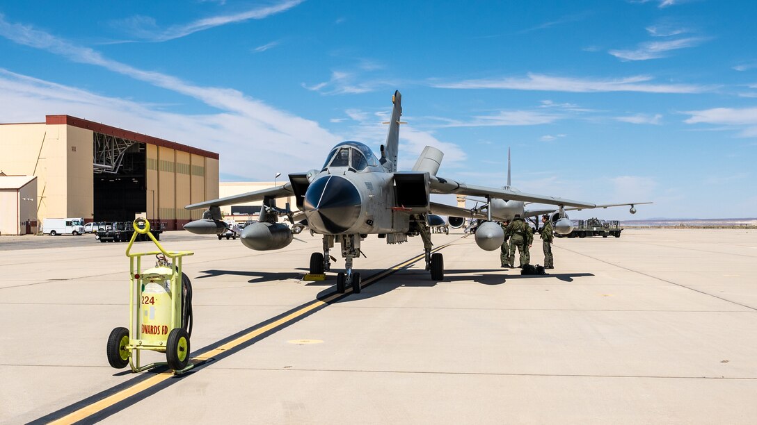 An Italian Air Force PA-200 Tornado sits parked at Edwards Air Force Base, California, May 9. Members of the Italian Air Force partnered with their Edwards AFB counterparts to conduct test sorties to gather data on weapon pairing. (Air Force photo by Katherine Franco)